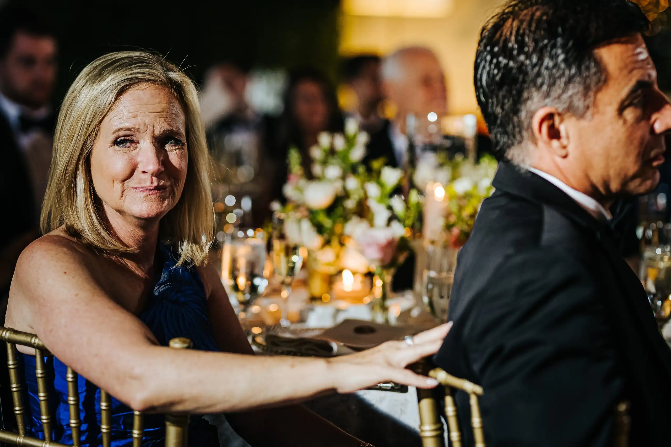 Wedding Reception: a guest's reaction during the toasts, at their wedding at Summerour Studio in Atlanta, GA