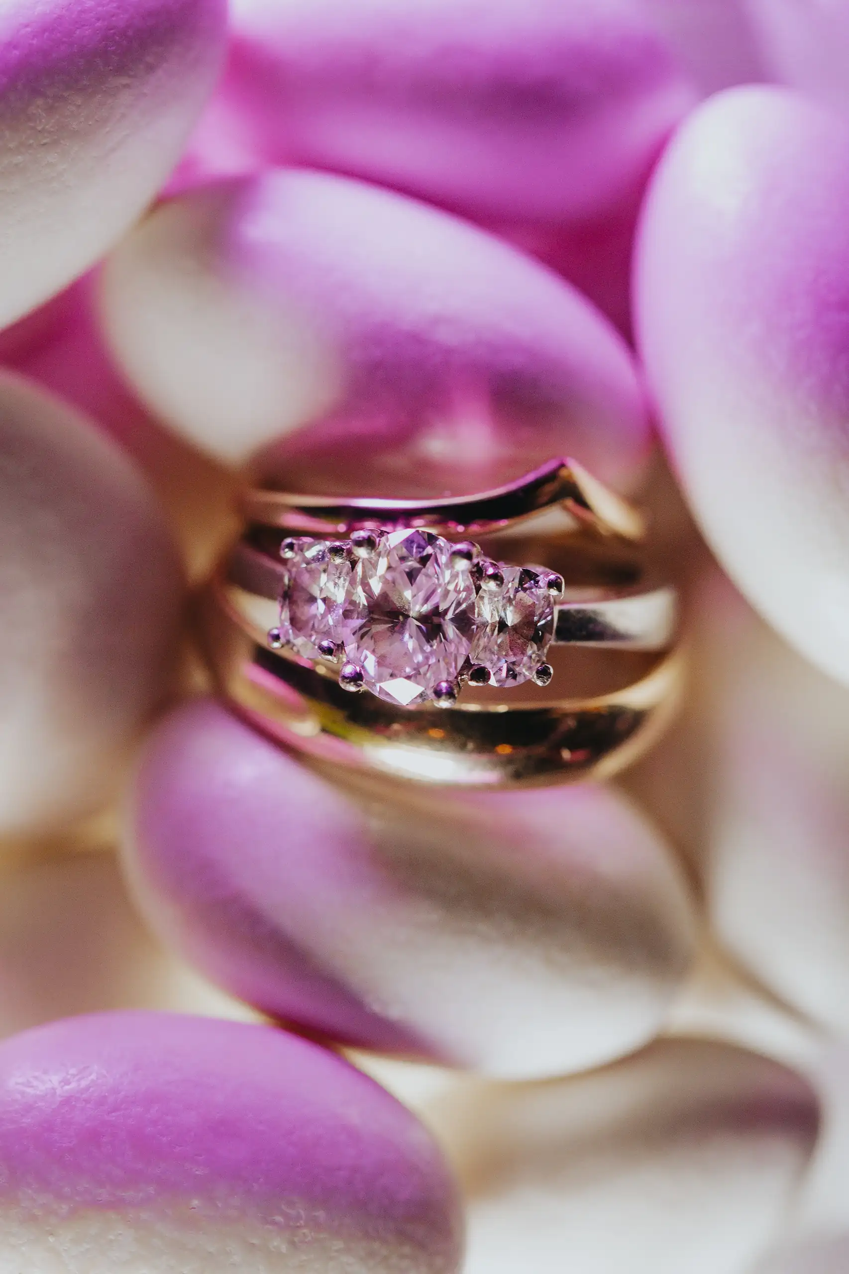Wedding Details: the wedding bands among bright pink petals, at a wedding at the Trolley Barn in Atlanta, GA