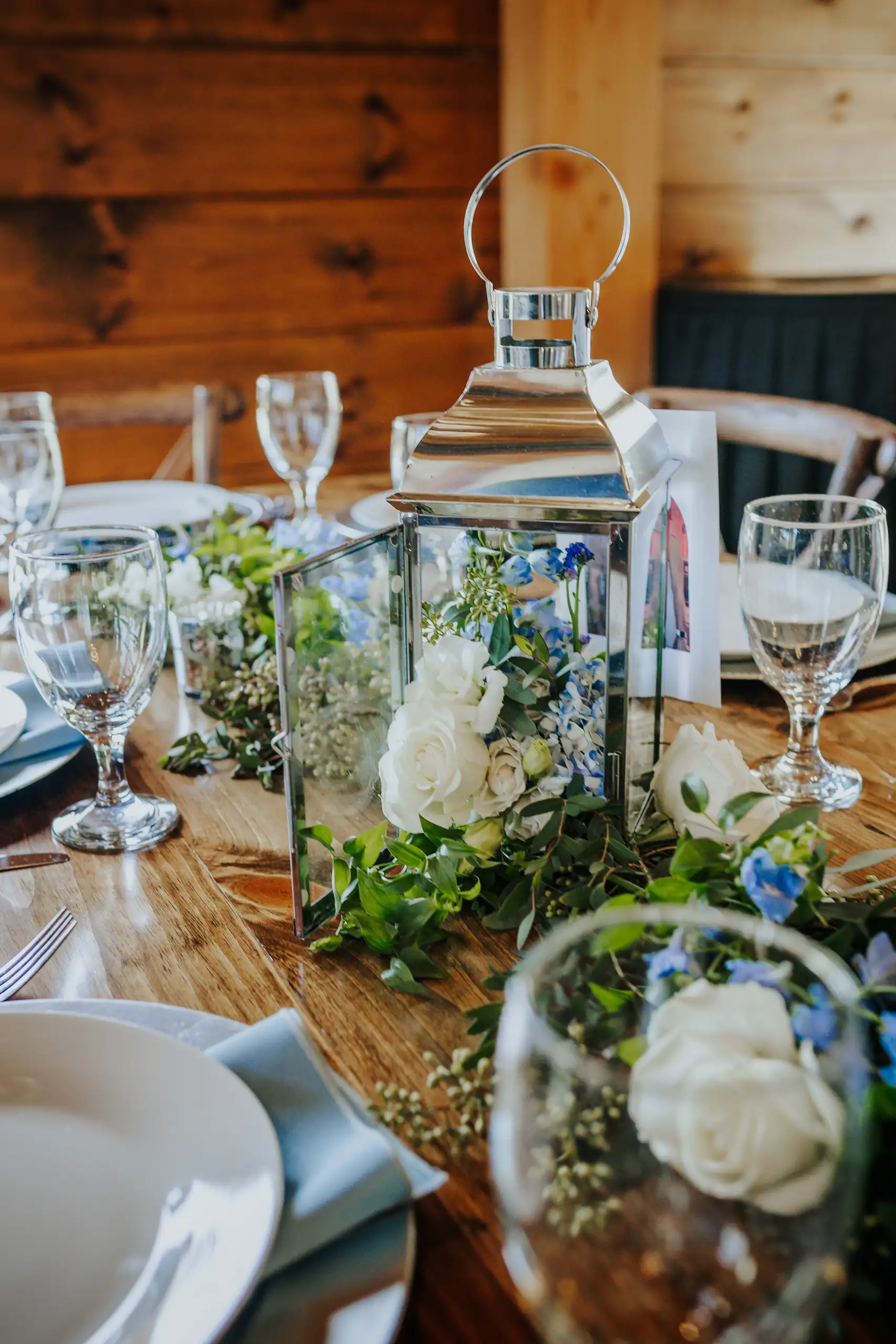 Reception Details: the table details and glassware, at their wedding at The Venue at Sharp Mountain in Jasper, GA