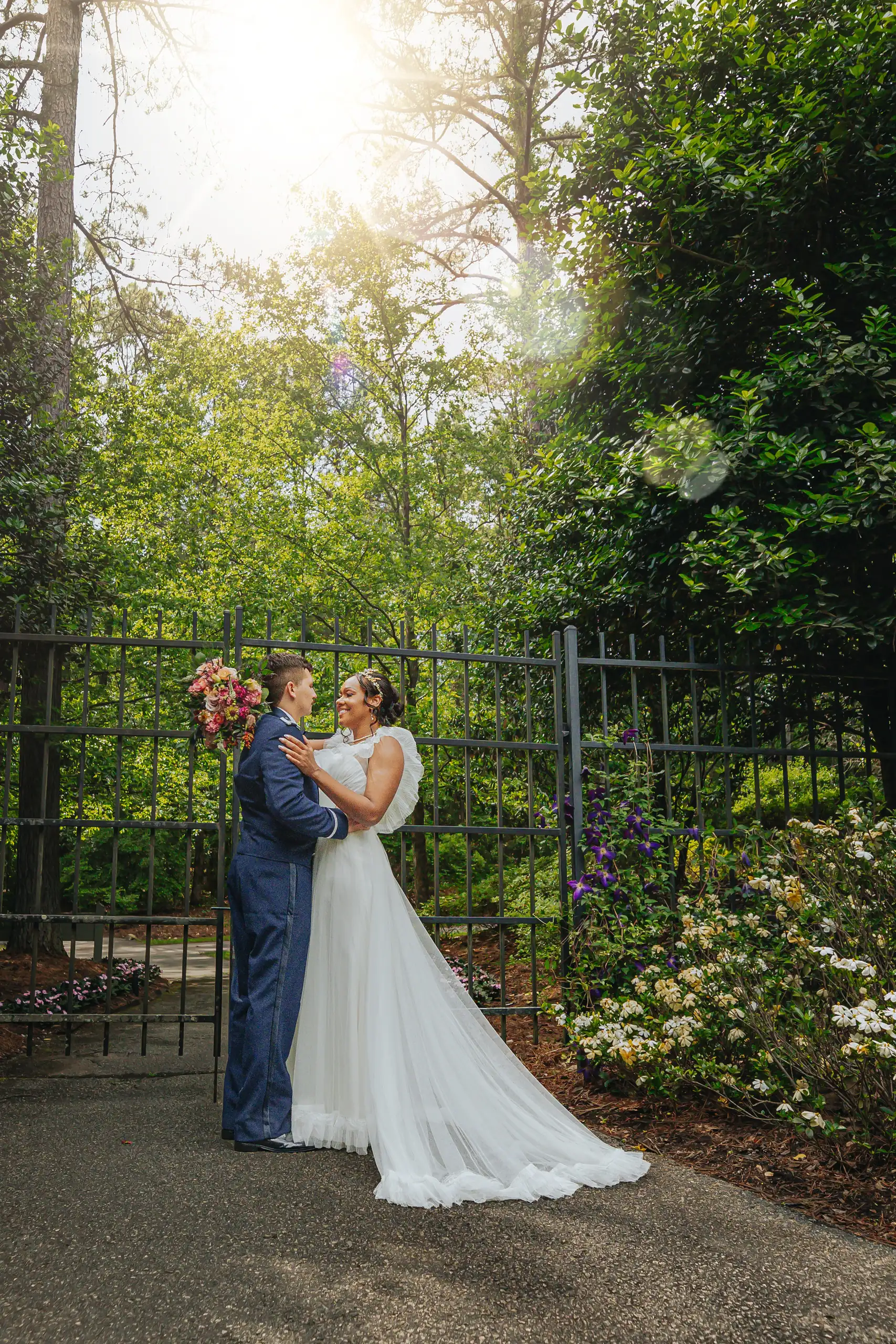Wedding Formals: the couple together on the shaded garden path, at their wedding at Callaway Gardens in Pine Mountain, GA