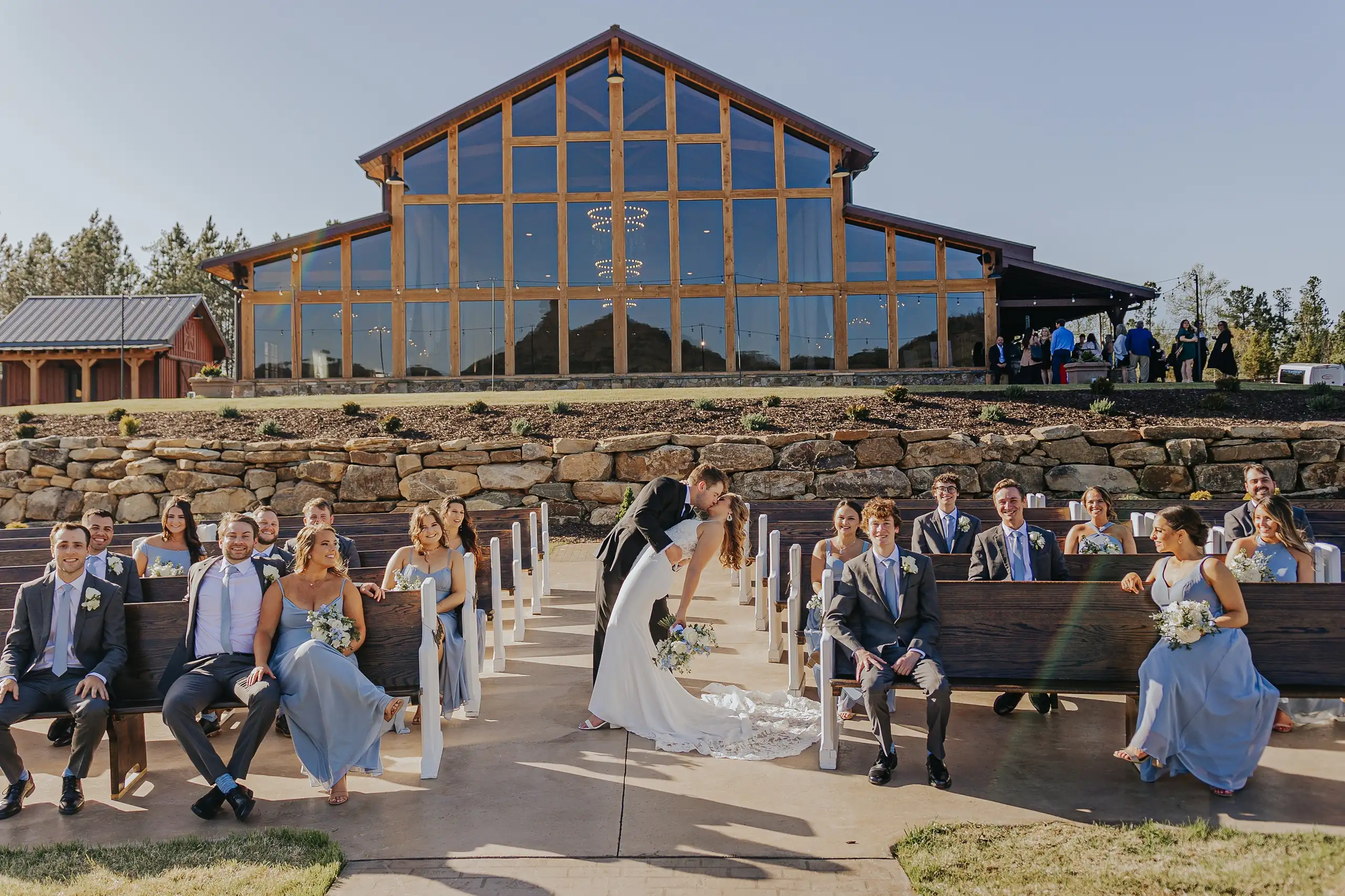 Wedding Ceremony: the ceremony and the venue seen from above, at their wedding at The Venue at Sharp Mountain in Jasper, GA