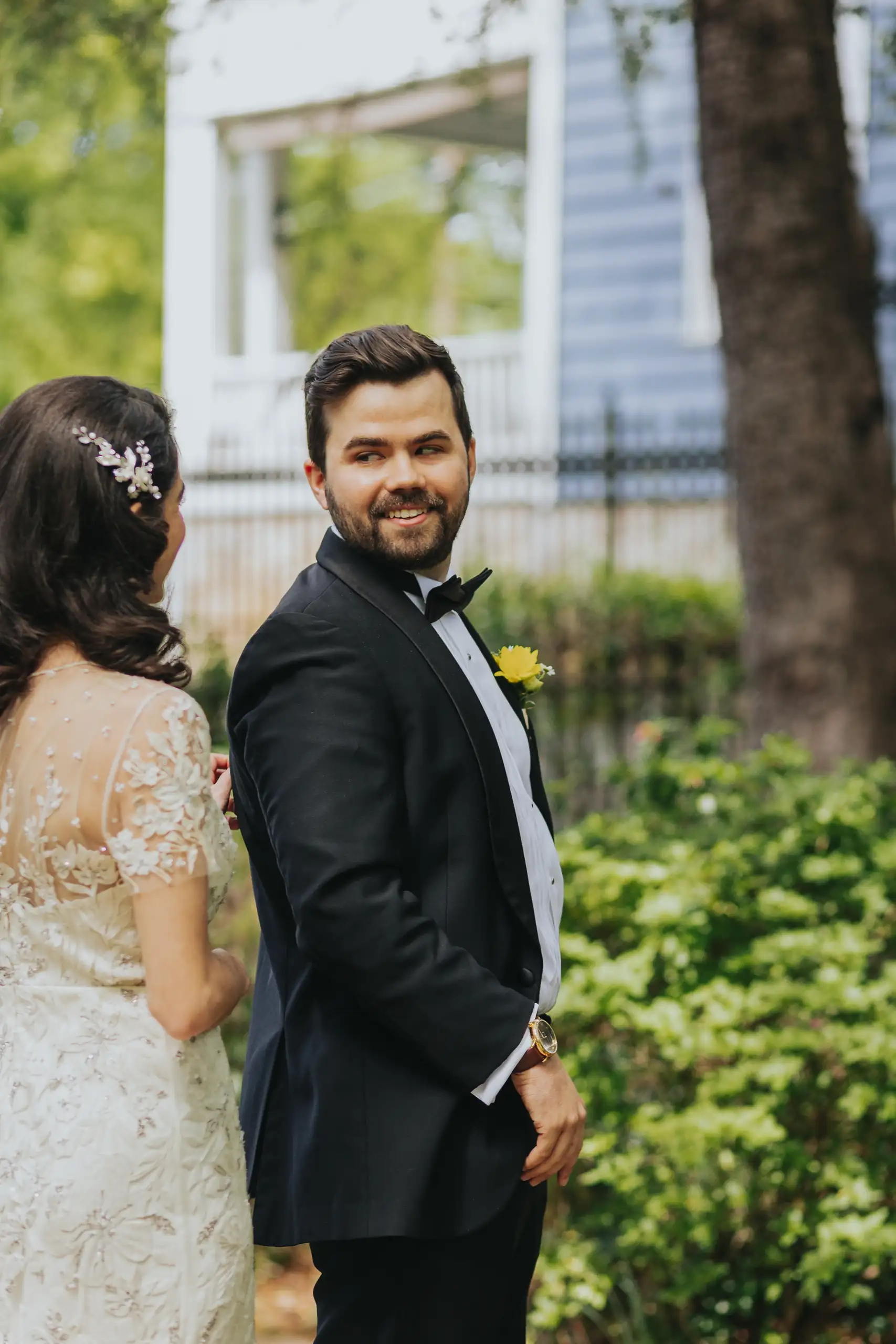 First Look: the couple together after the first look, before their wedding at the Trolley Barn in Atlanta, GA