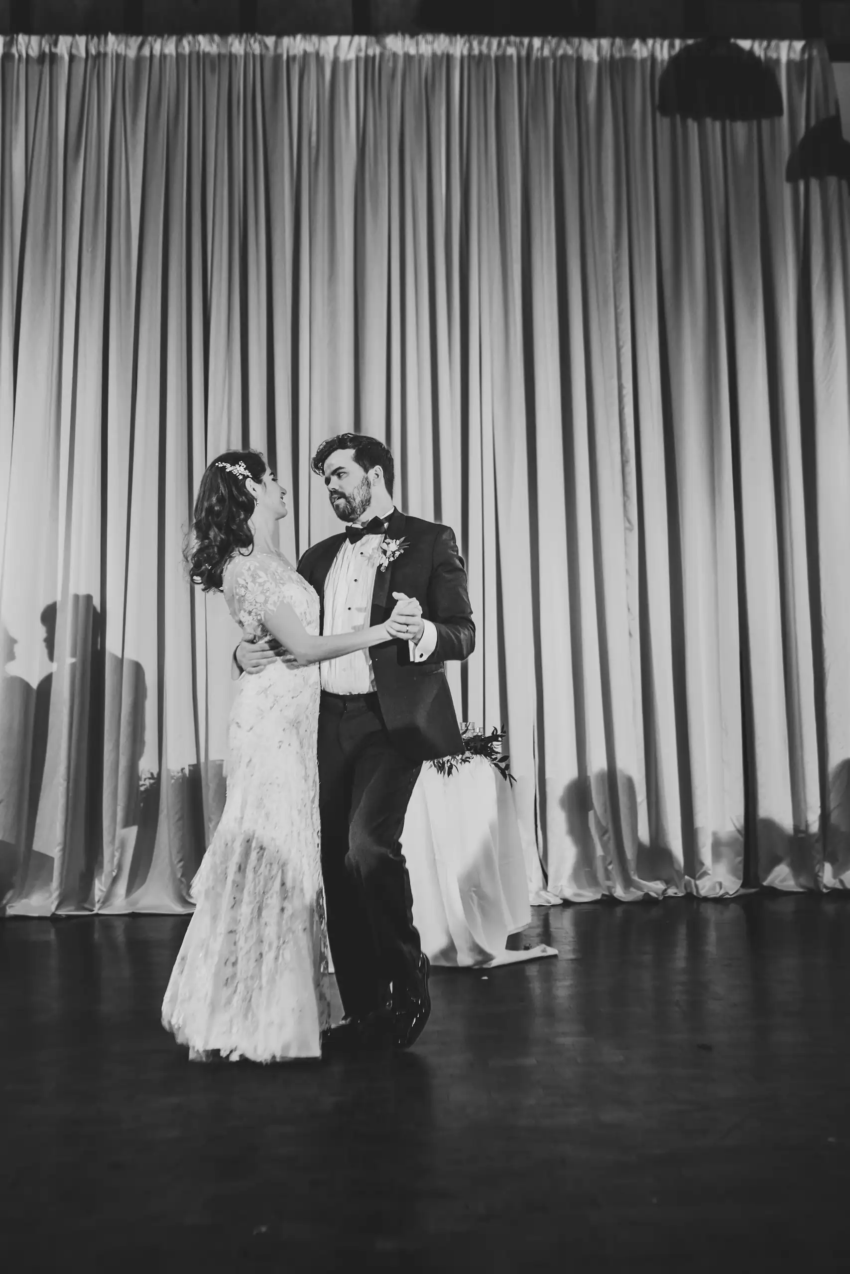 First Dance: the couple's first dance, in black and white, at their wedding at the Trolley Barn in Atlanta, GA