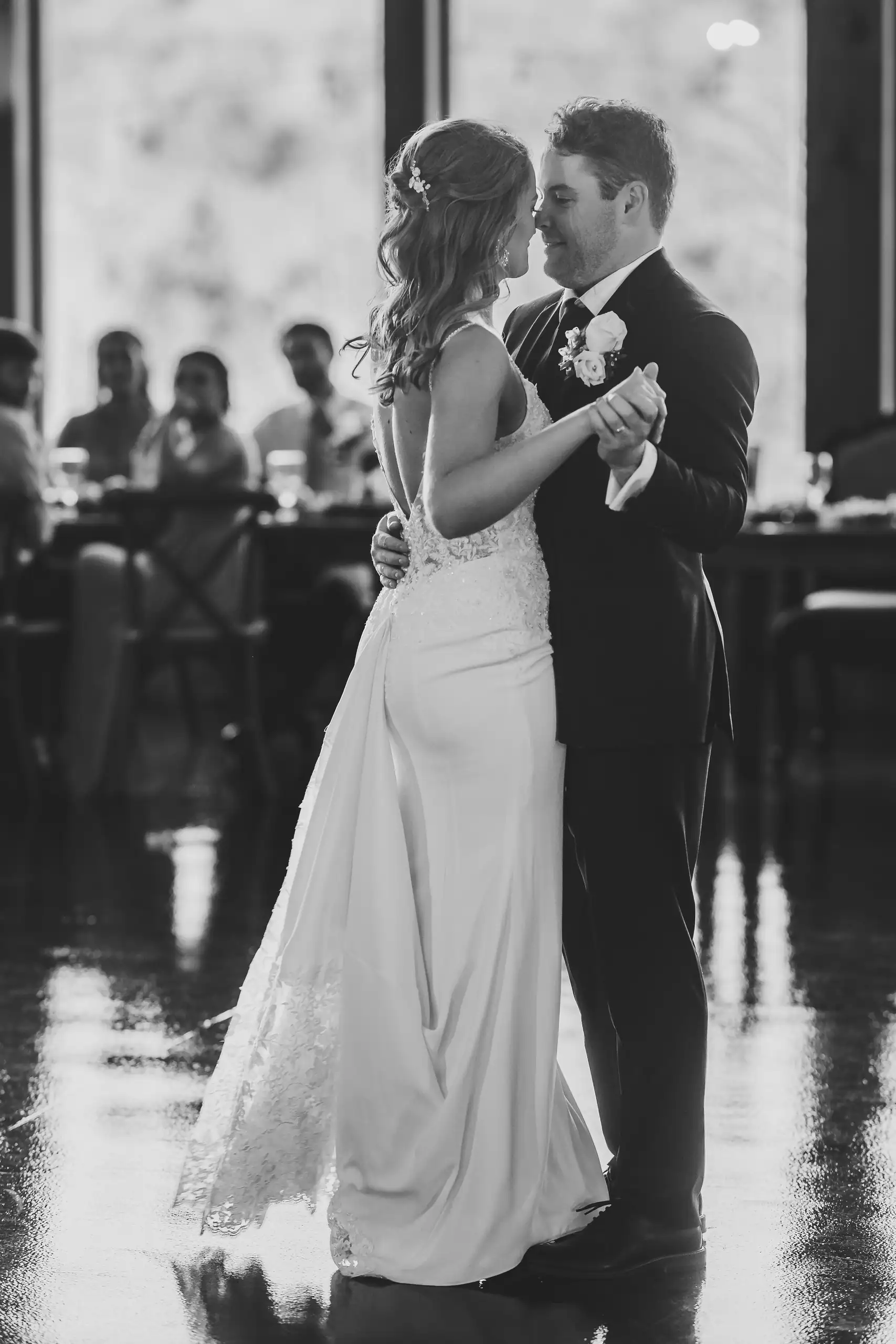 First Dance: the couple's first dance, in black and white, at their wedding at The Venue at Sharp Mountain in Jasper, GA