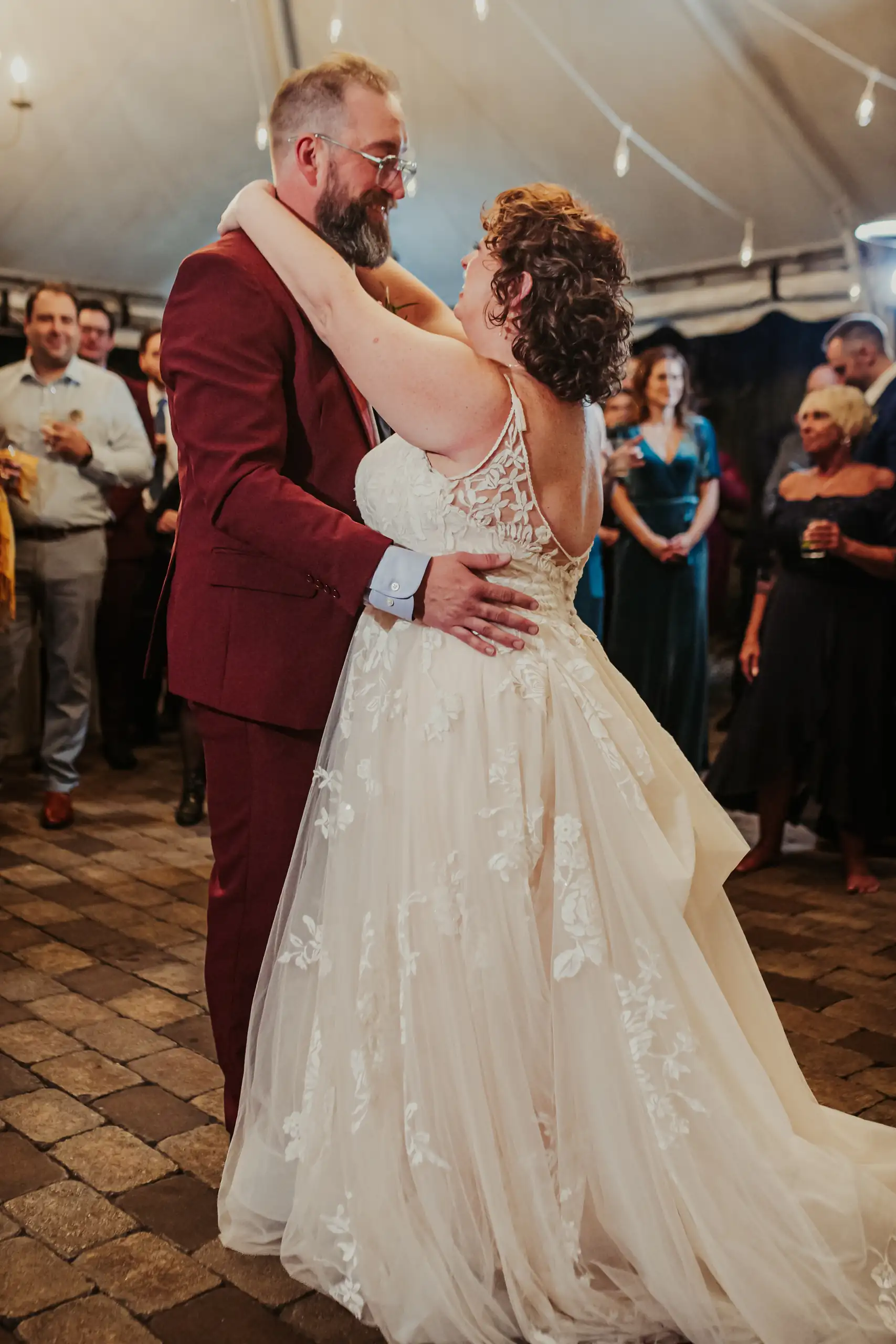 First Dance: their first dance on the patio under the canopy, at their wedding at Wahoo! Grill in Decatur, GA
