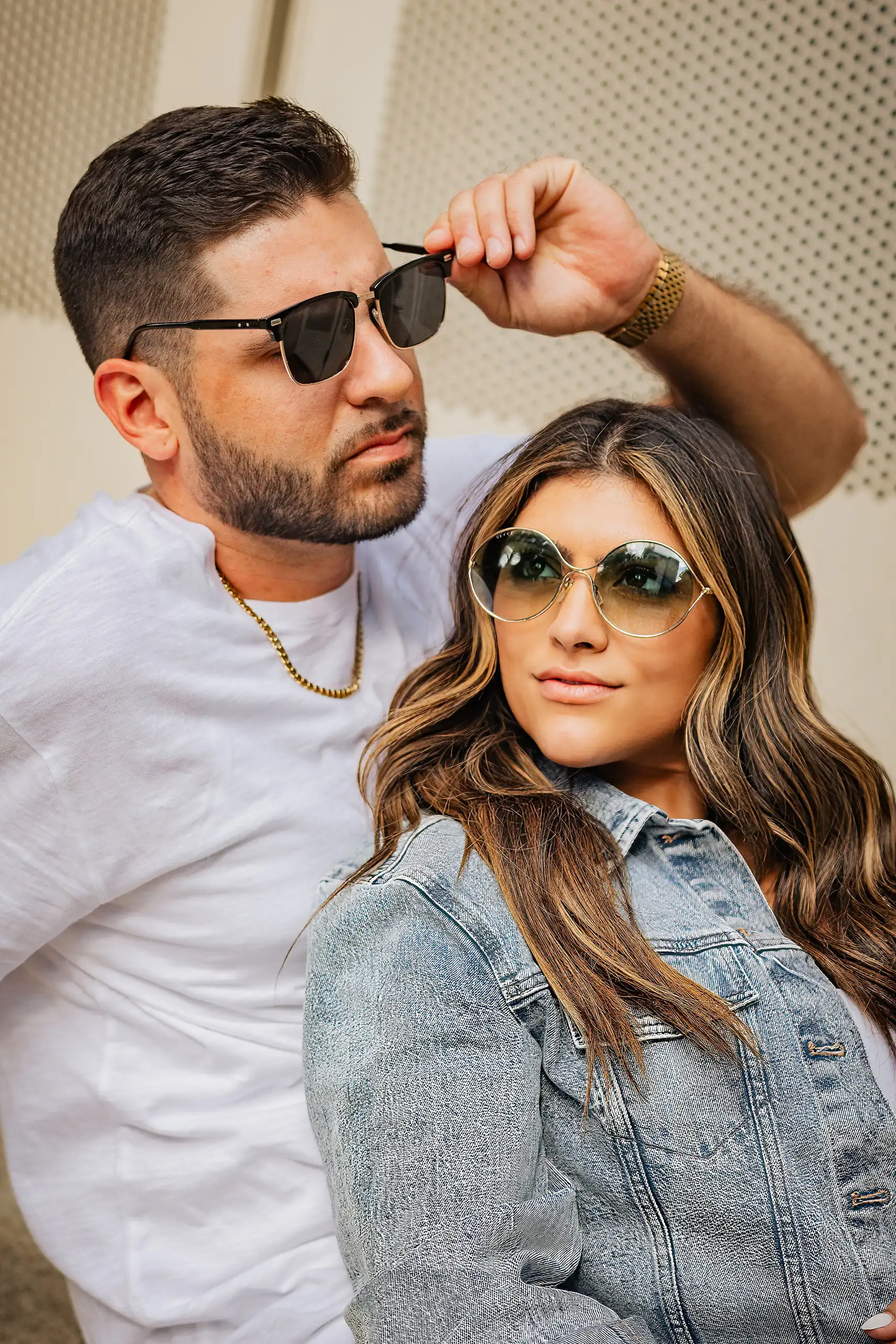 Engagement Portraits: the two of them in sunglasses and denim, during their engagement session