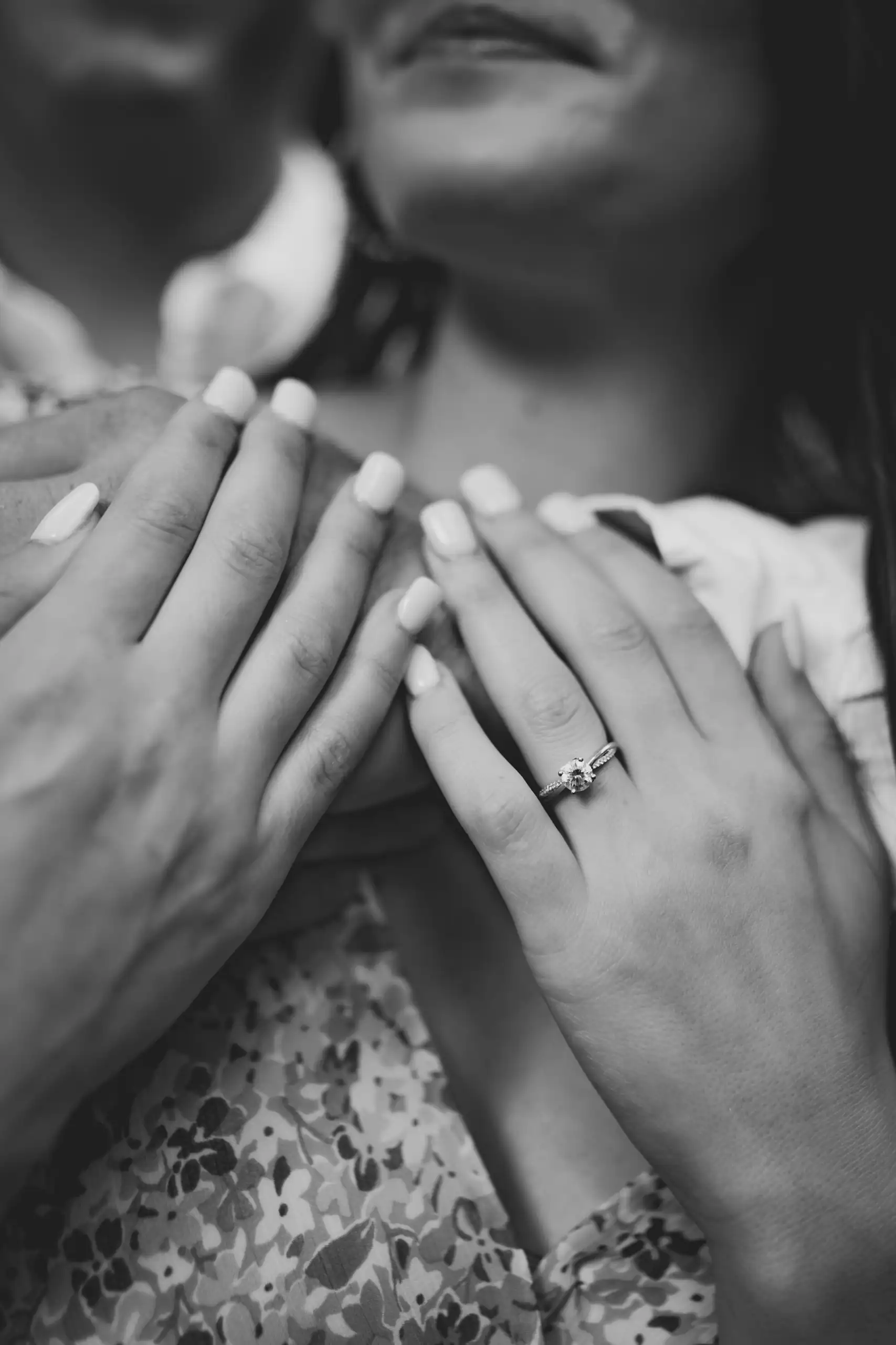 Engagement Portraits: her hands over her face, the new ring showing, at their engagement session at Amicalola Falls in Dawsonville, GA