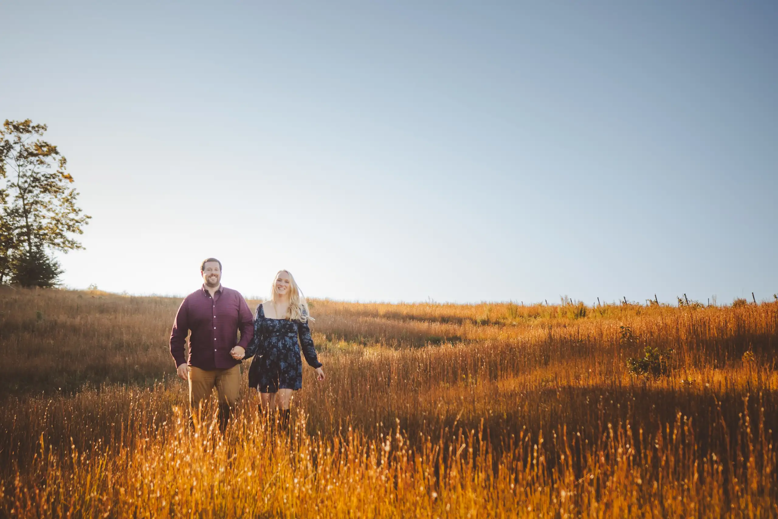 Engagement Portraits: the two of them walking the golden field at dusk, during their engagement session at Yonah Mountain Vineyards in Cleveland, GA