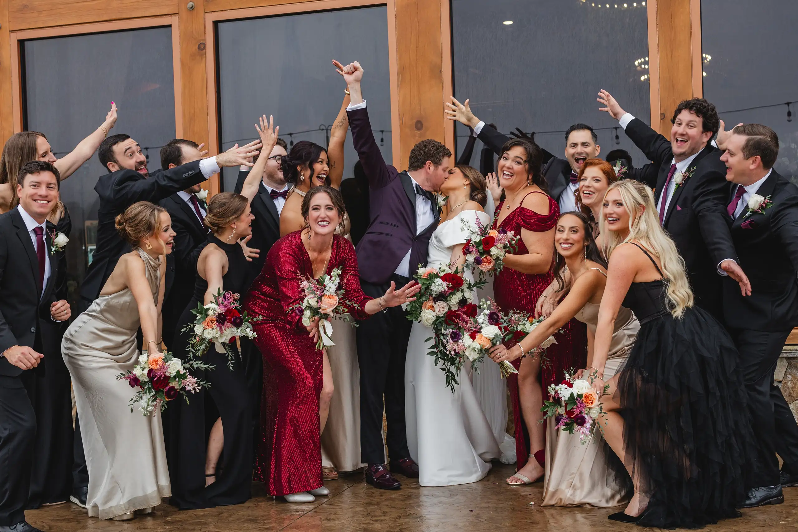 Wedding Party: the whole party cheering with their arms up, at their wedding at The Venue at Sharp Mountain in Jasper, GA