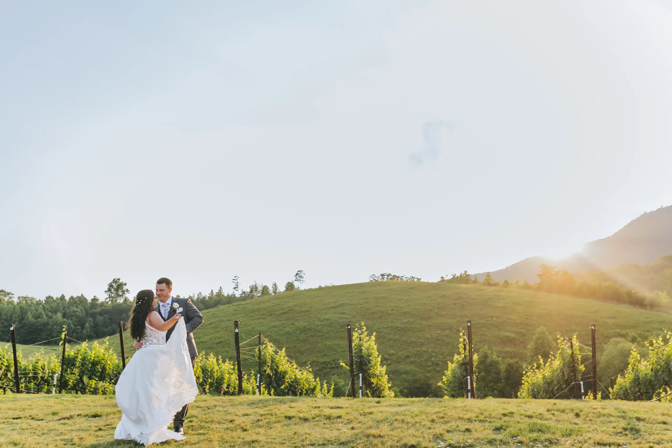 Wedding Formals: the two of them in the vine rows as the sun drops, at their wedding at Yonah Mountain Vineyards in Cleveland, GA