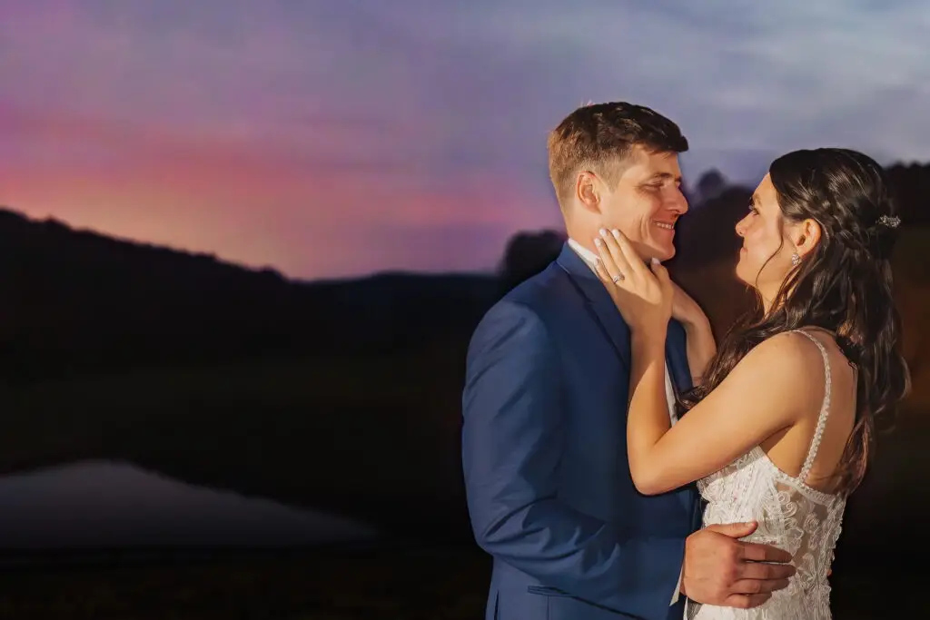 Late Sunset Wedding Portrait Swan Lake Overlook