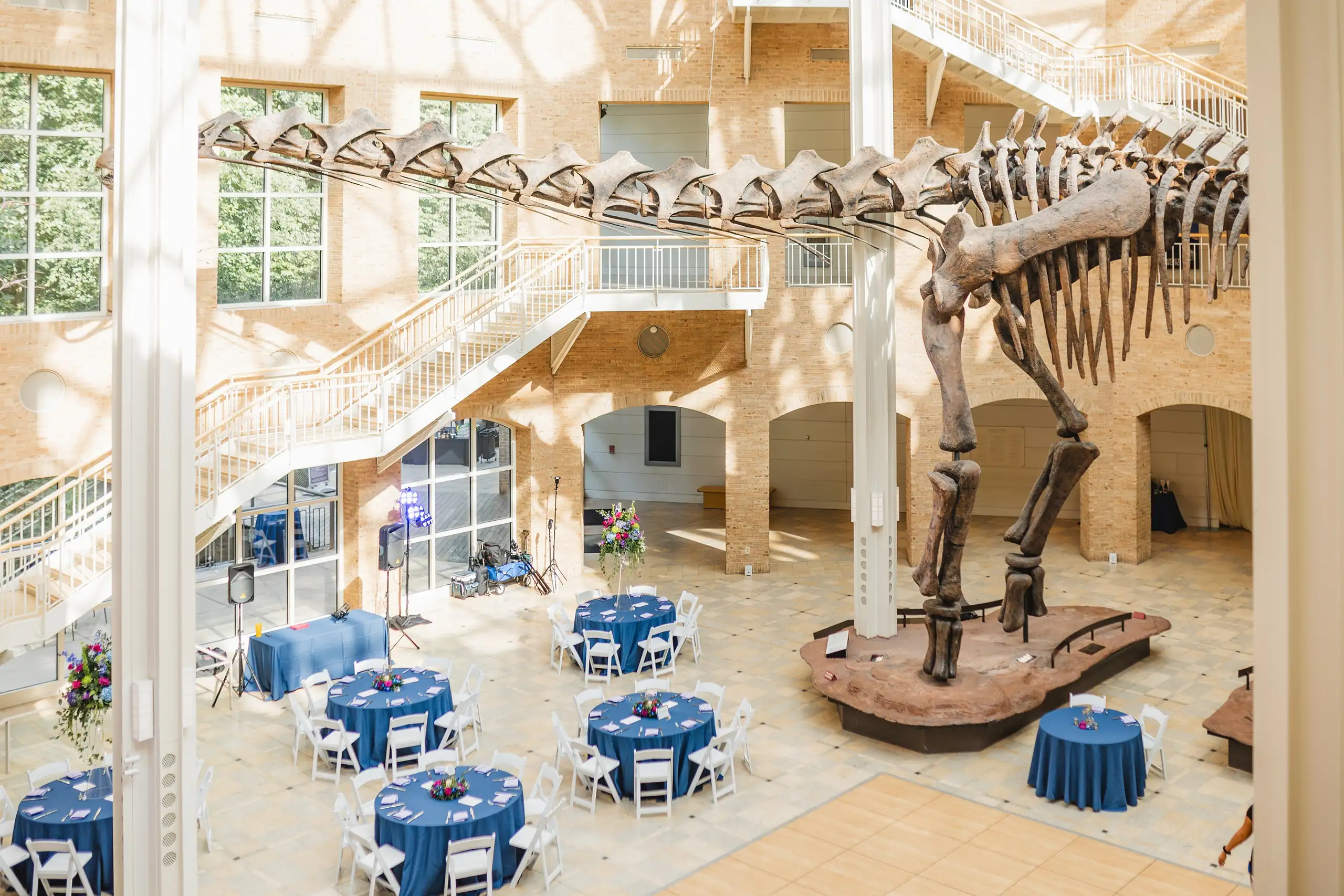 Reception Details: the Great Hall laid with blue-linen tables under the skeleton, at a wedding at Fernbank Museum in Atlanta, GA