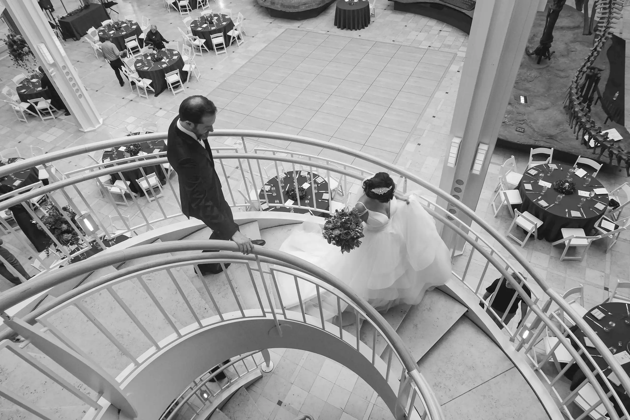 Wedding Formals: the couple on the spiral staircase from above, in black and white, at their wedding at Fernbank Museum in Atlanta, GA