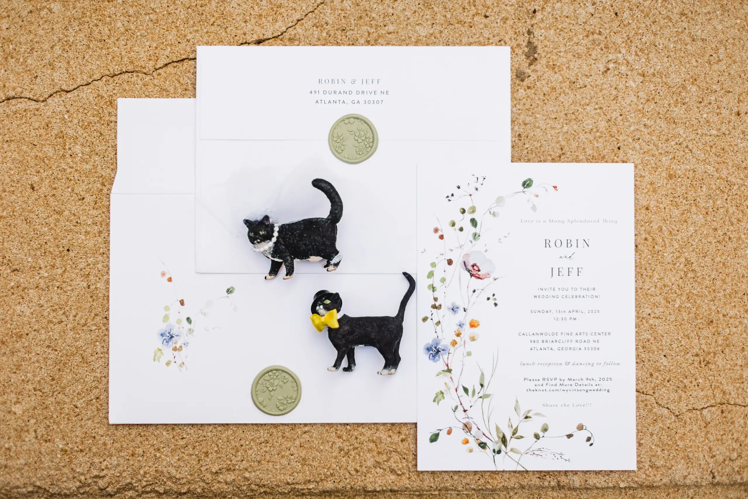 Wedding Details: the invitation suite with black cat stickers, at a wedding at Callanwolde Fine Arts Center in Atlanta, GA