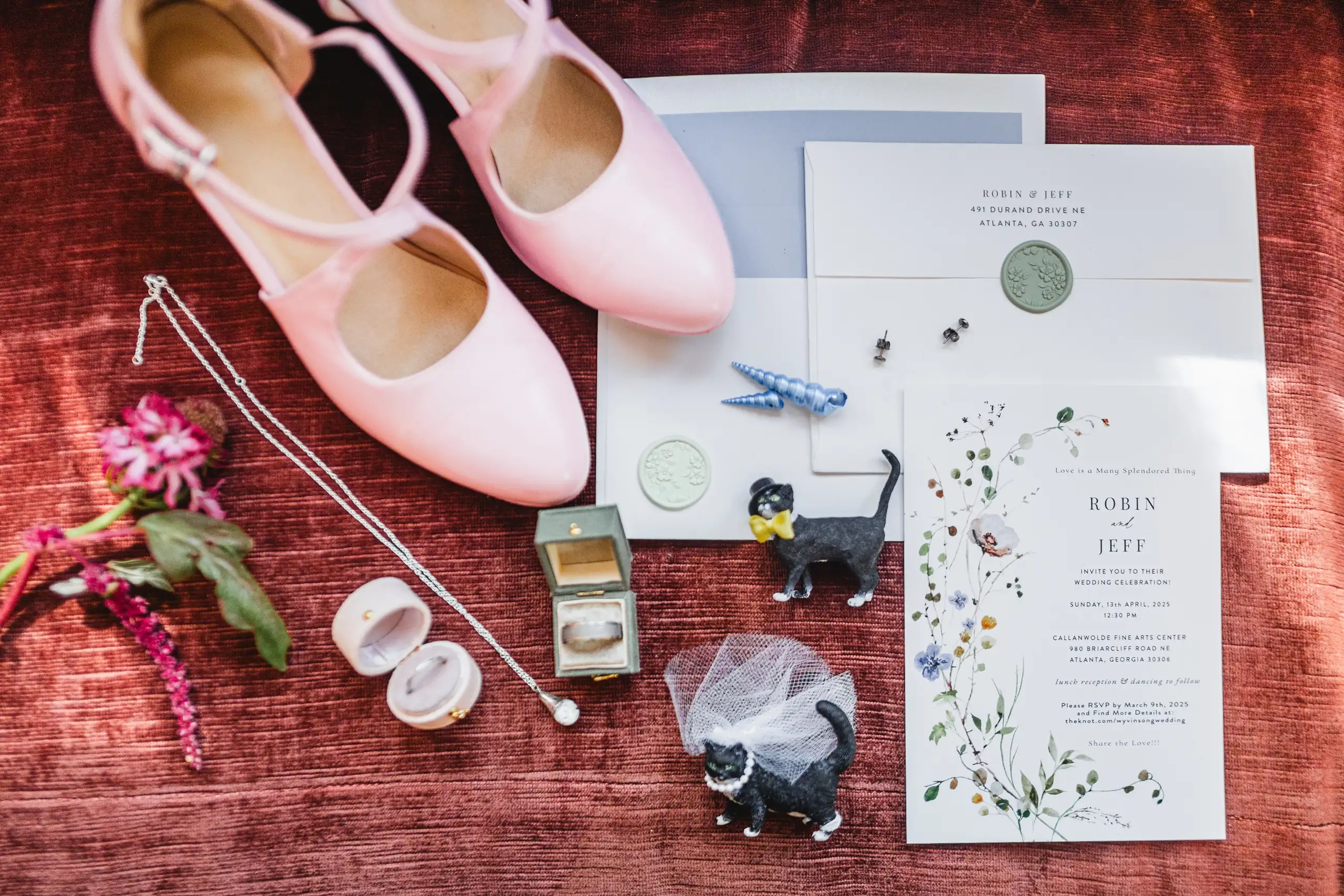 Wedding Details: pink heels and the rings on red velvet, at a wedding at Callanwolde Fine Arts Center in Atlanta, GA