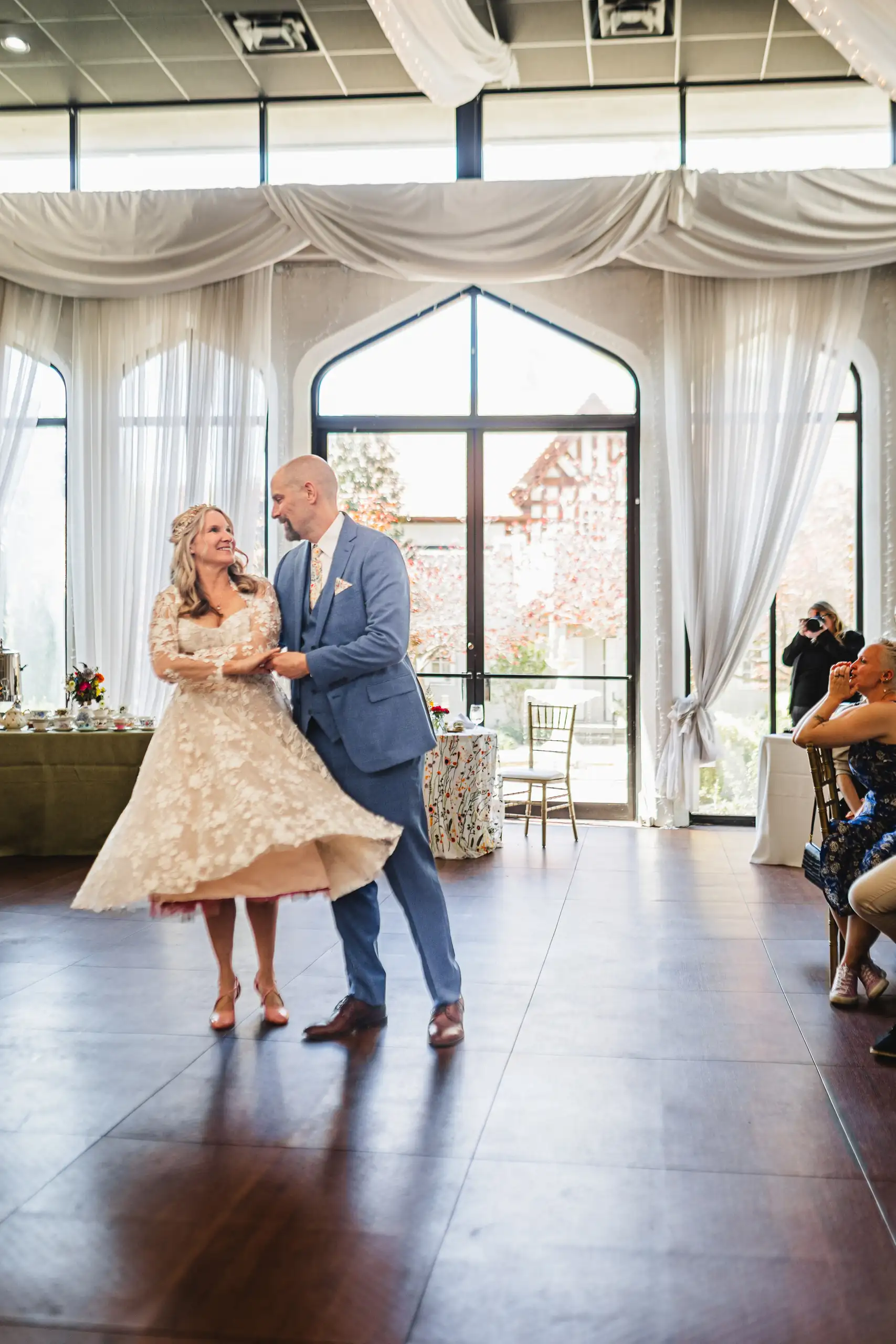 First Dance: the couple dancing in the reception room, at their wedding at Callanwolde Fine Arts Center in Atlanta, GA