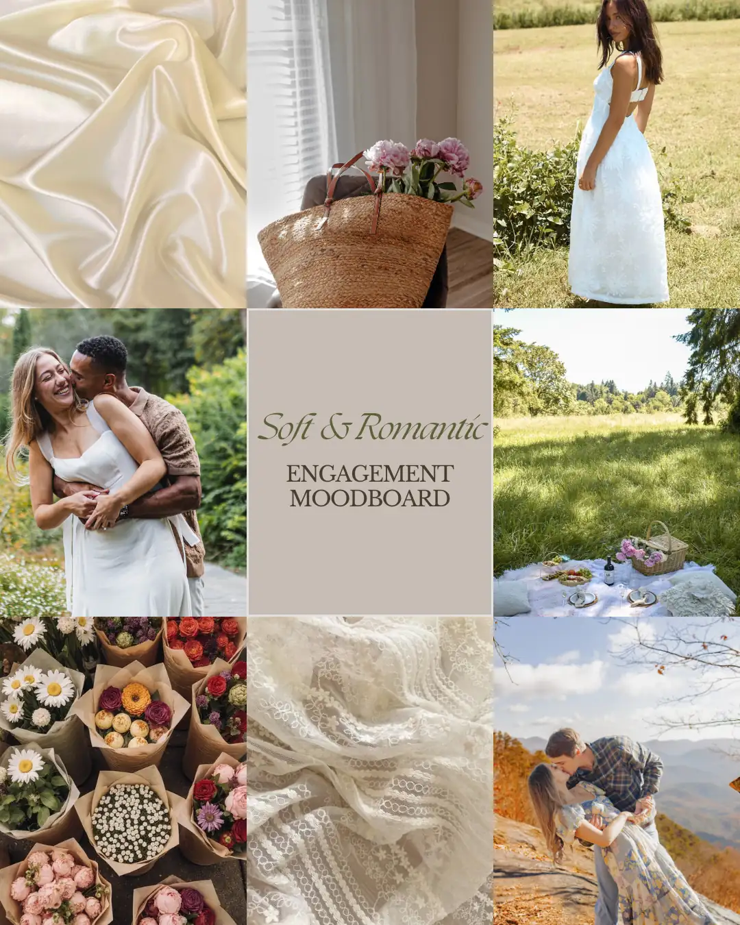 Inspiration: the soft and romantic moodboard, in silk, linen and pale blooms, for an engagement session
