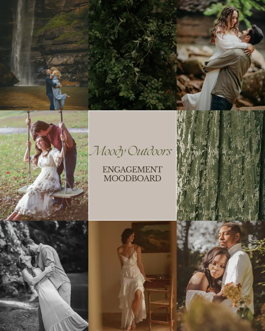 Inspiration: the moody outdoors moodboard, in deep green and low light, for an engagement session