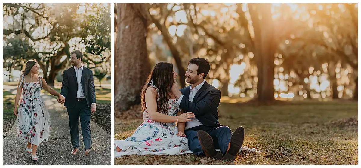 Engagement Portraits: the couple under the mossy oaks of the old district, in a set, during their engagement session on Jekyll Island, GA