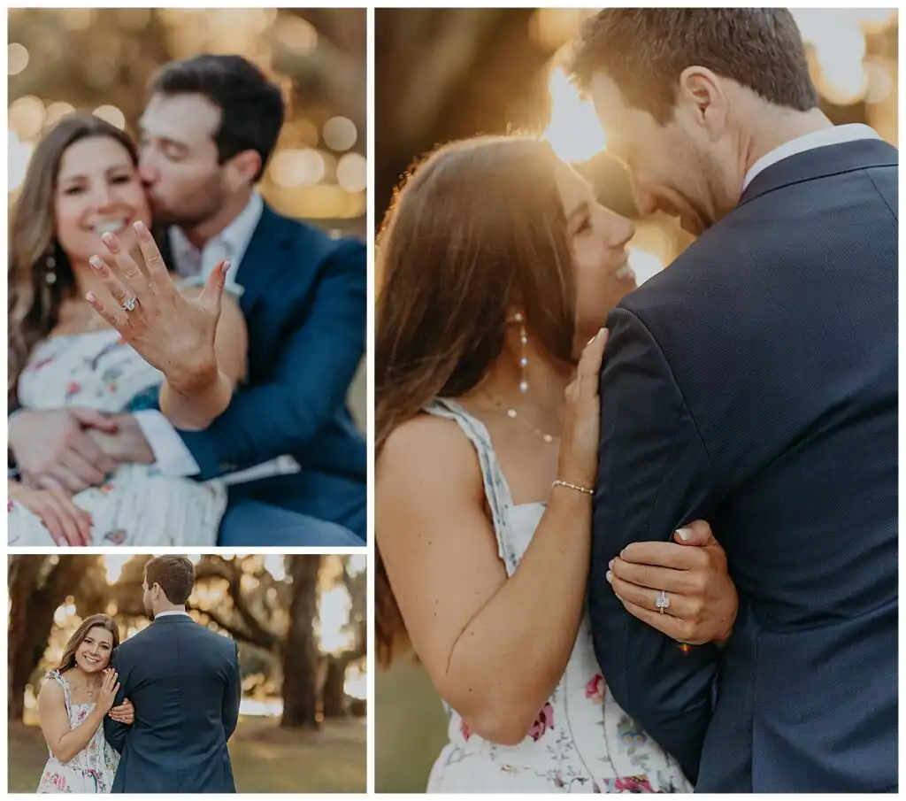 Engagement Portraits: her ring hand up, and a kiss in the backlight, in a set, during their engagement session on Jekyll Island, GA