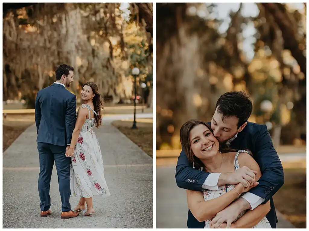 Engagement Portraits: the two of them on the oak-lined road, in a set, during their engagement session on Jekyll Island, GA
