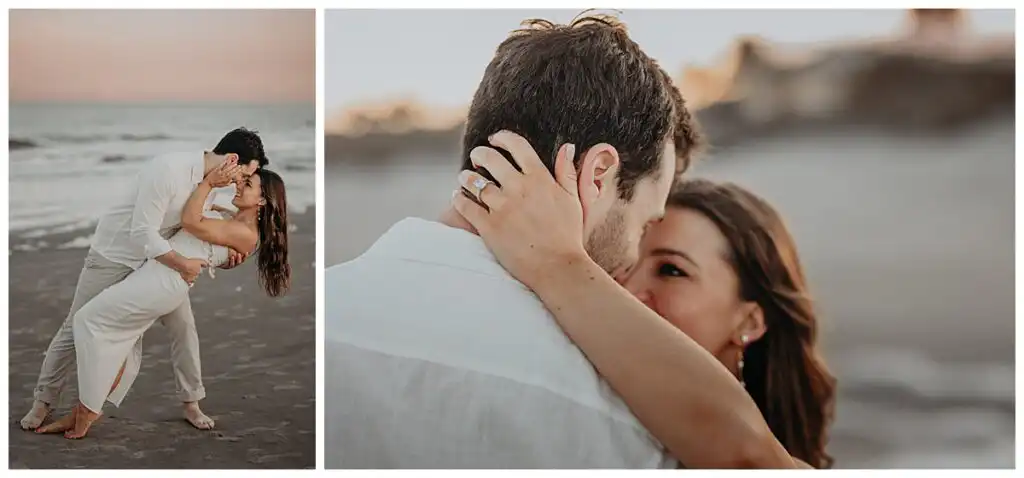 Engagement Portraits: him lifting her barefoot on the sand, in a set, during their engagement session on Jekyll Island, GA