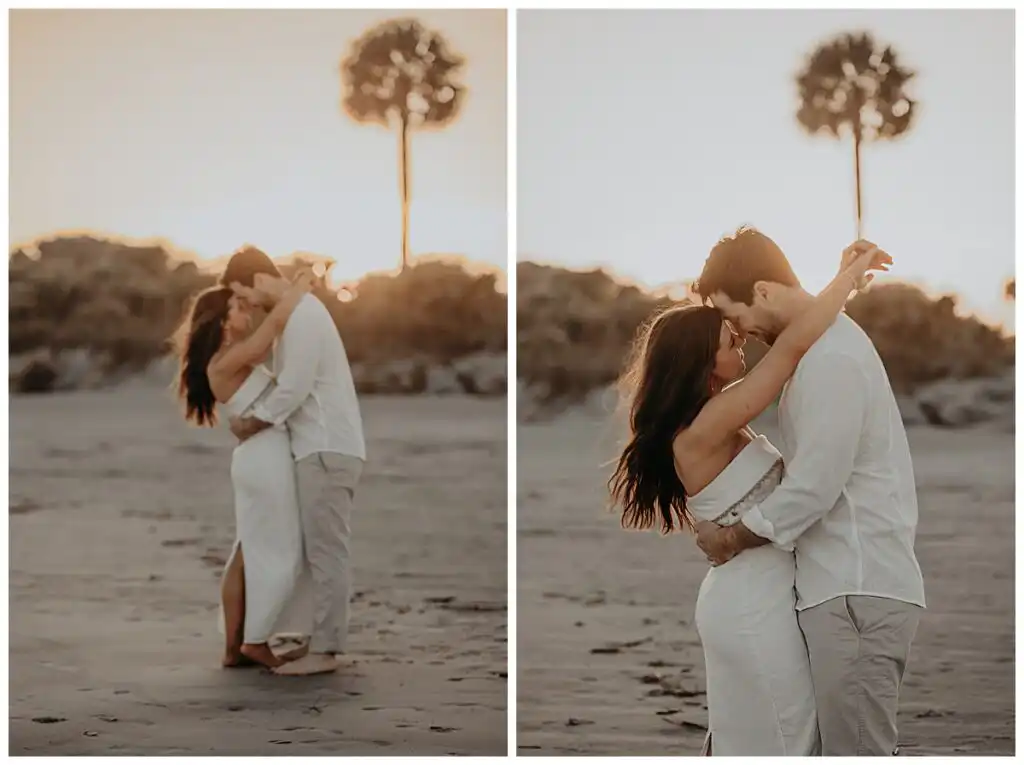 Engagement Portraits: the couple under the beach palmetto at sunset, in a set, during their engagement session on Jekyll Island, GA