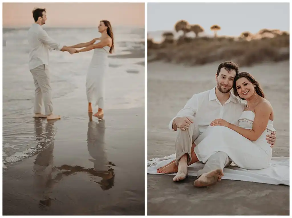 Engagement Portraits: the two of them at the water’s edge, reflected, in a set, during their engagement session on Jekyll Island, GA