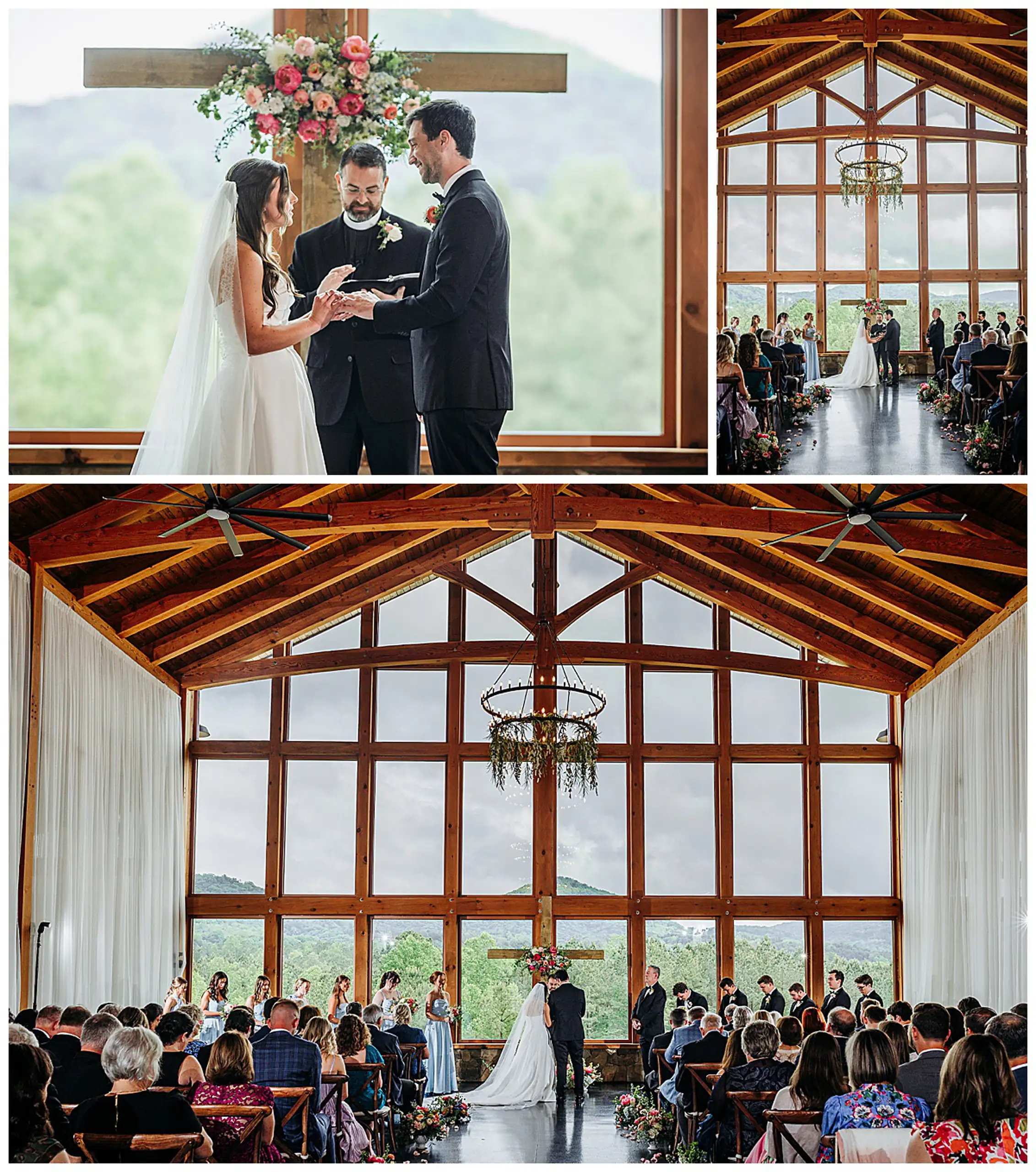 Wedding Ceremony: the vows read, and the timber gable above them, in a set, at their wedding at The Venue at Sharp Mountain in Jasper, GA