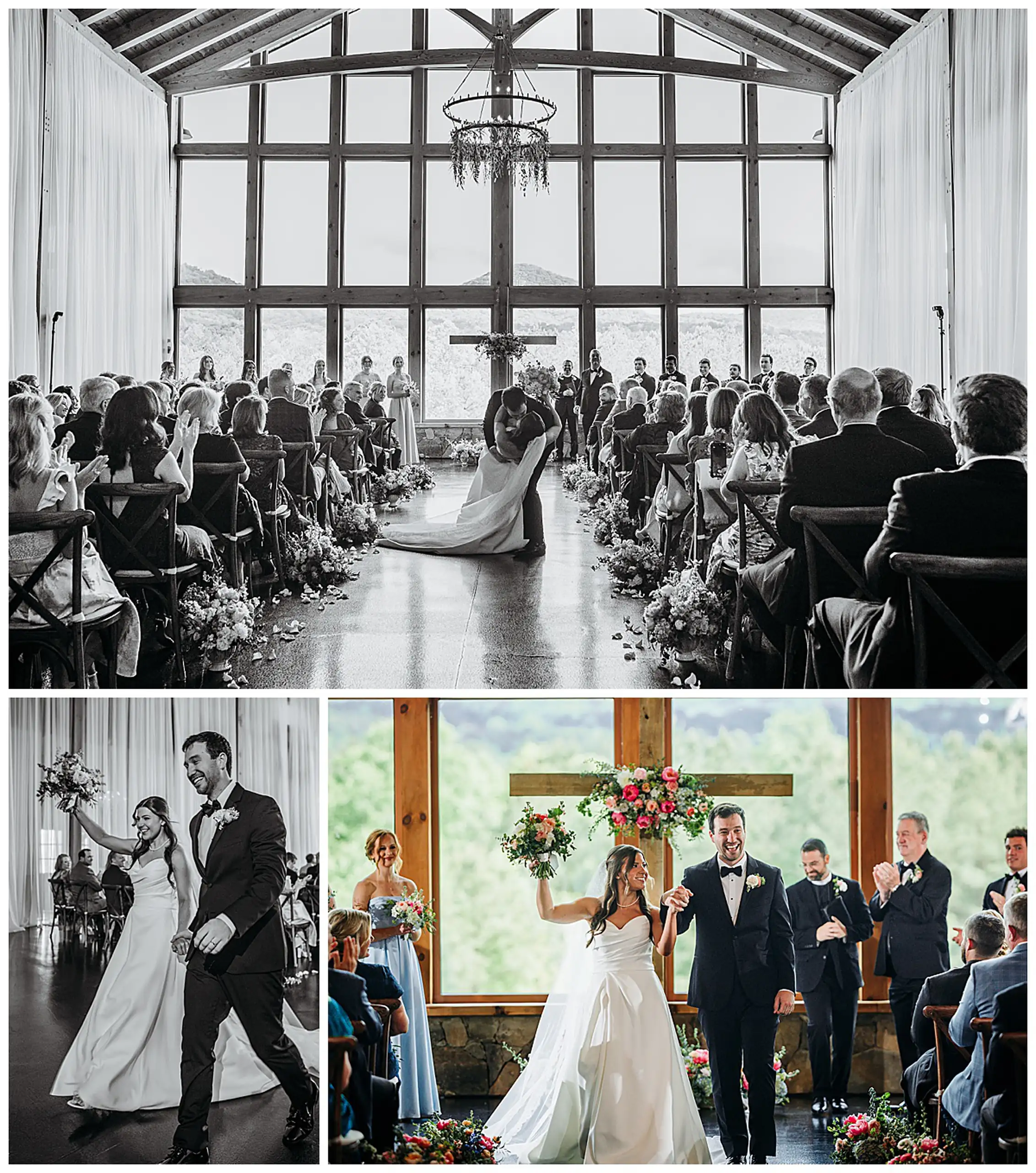 Recessional: the ceremony and the recessional, in black and white, in a set, at their wedding at The Venue at Sharp Mountain in Jasper, GA