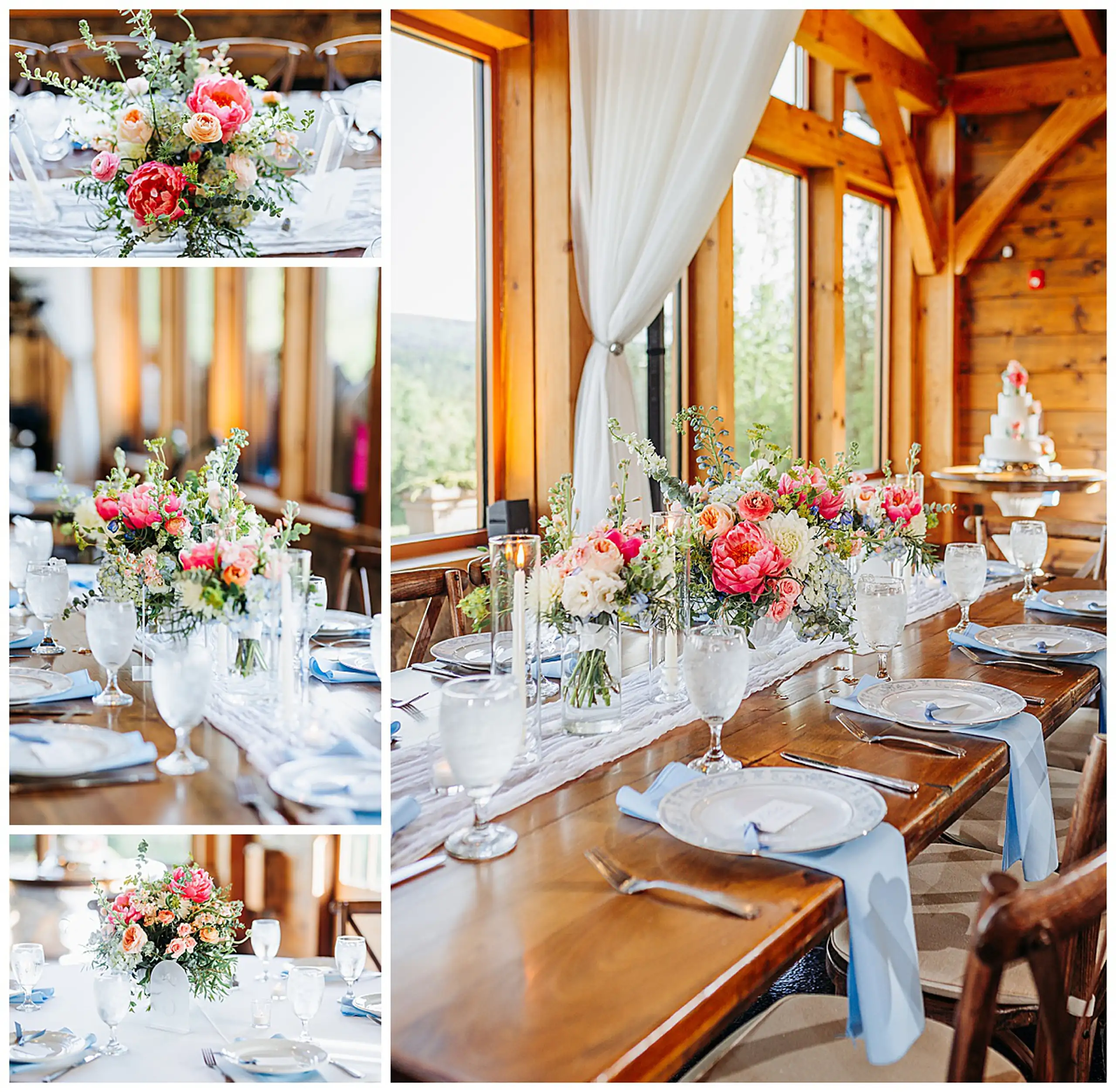 Reception Details: the long tables in powder blue with coral flowers, in a set, at a wedding at The Venue at Sharp Mountain in Jasper, GA