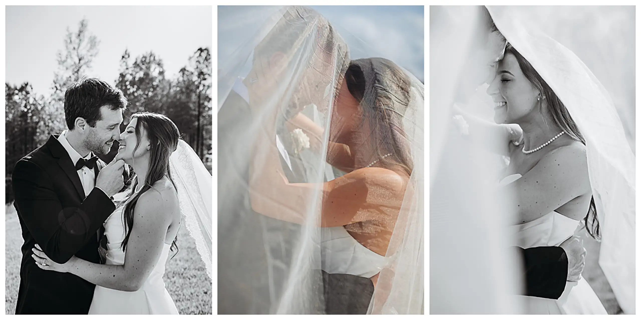Wedding Formals: the couple under her veil, in black and white, in a set, at their wedding at The Venue at Sharp Mountain in Jasper, GA