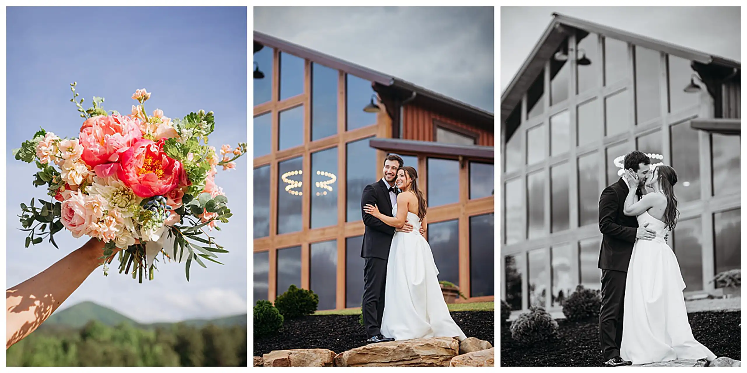 Wedding Formals: the bouquet held up to the mountains, in a set, at their wedding at The Venue at Sharp Mountain in Jasper, GA