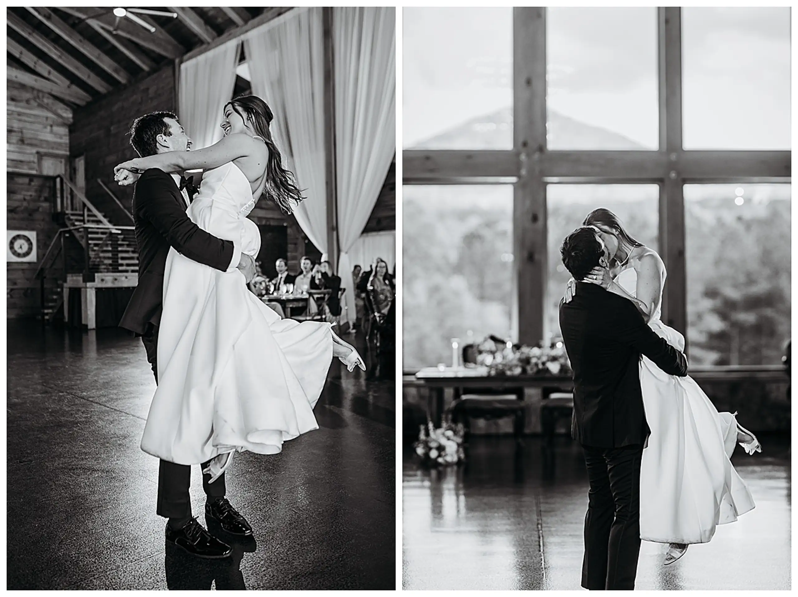 Wedding Reception: the groom lifting her off the floor, in a set, at their wedding at The Venue at Sharp Mountain in Jasper, GA