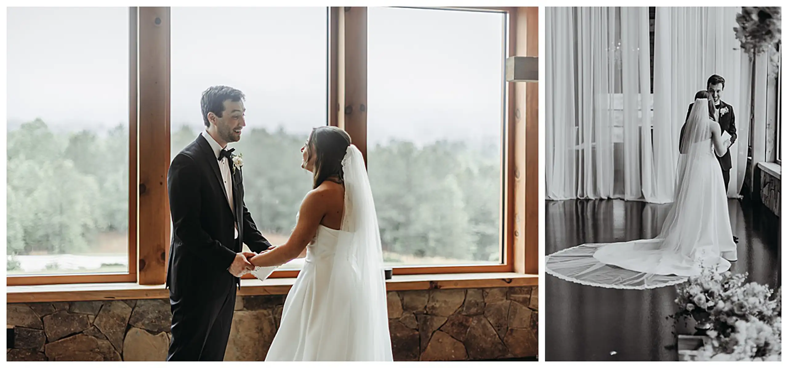 First Look: the two of them holding hands at the window, in a set, before their wedding at The Venue at Sharp Mountain in Jasper, GA
