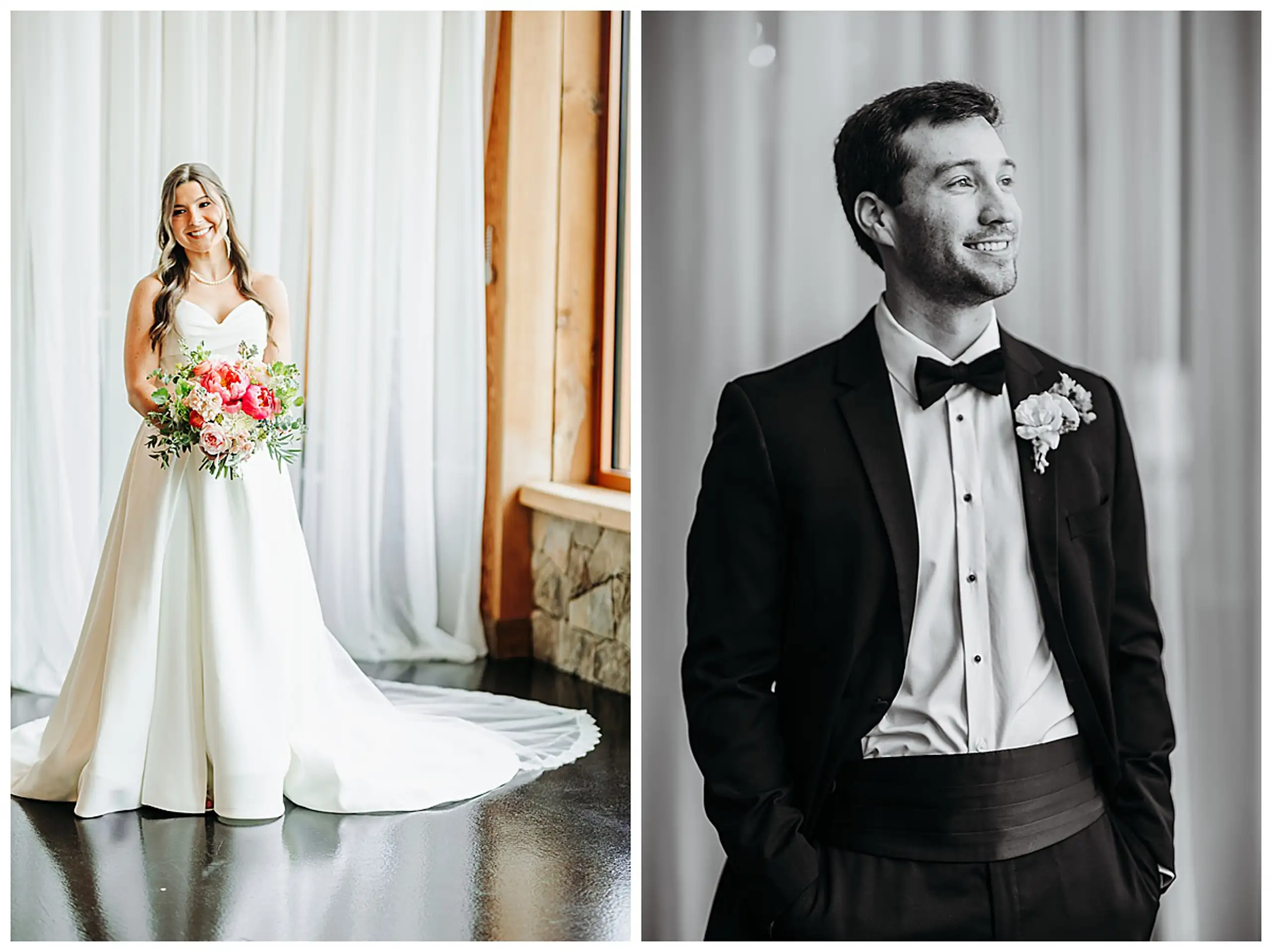 Bridal Portraits: the bride with her bouquet, the groom in his tuxedo, in a set, at their wedding at The Venue at Sharp Mountain in Jasper, GA