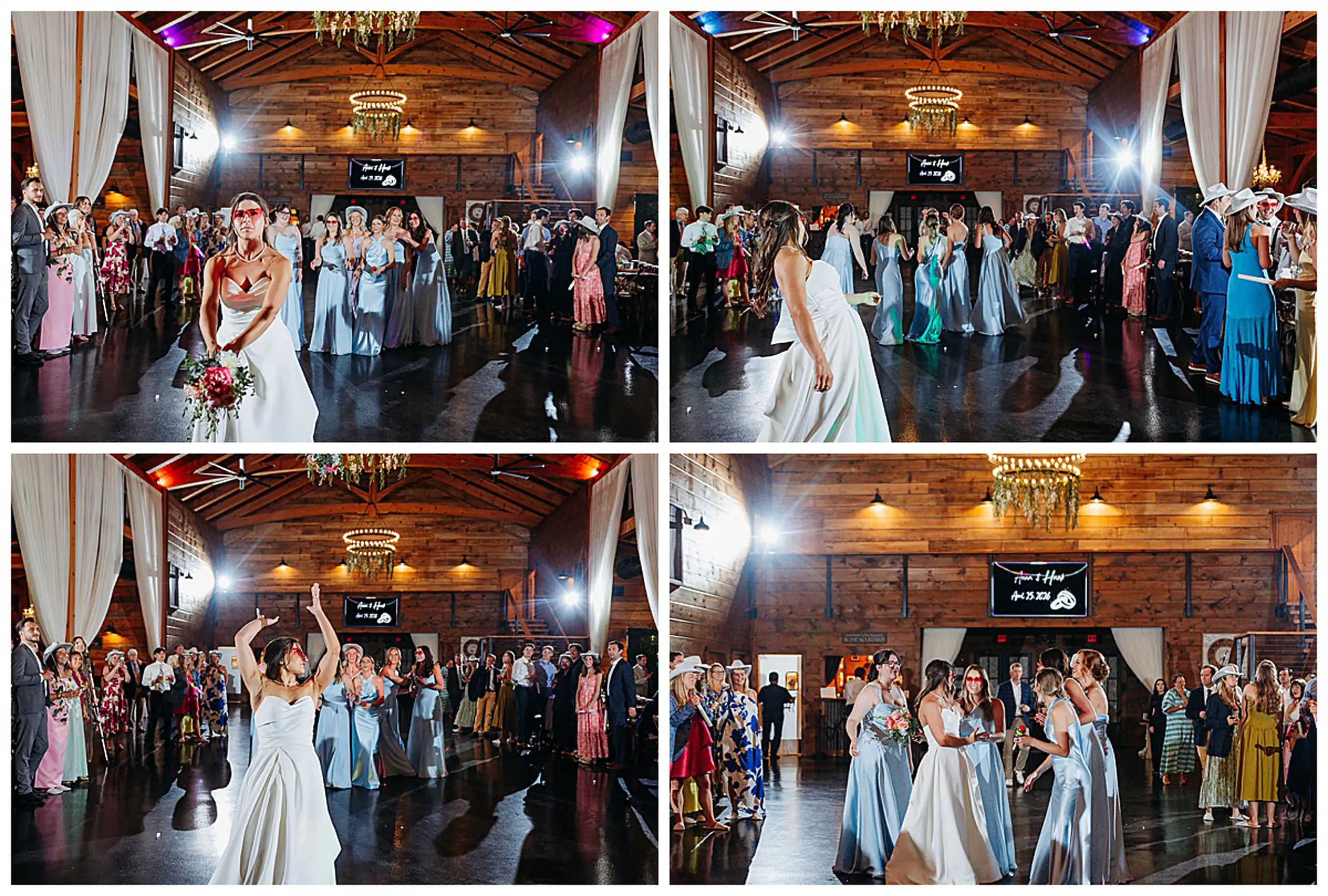 Wedding Reception: the floor packed, cowboy hats among the guests, in a set, at their wedding at The Venue at Sharp Mountain in Jasper, GA