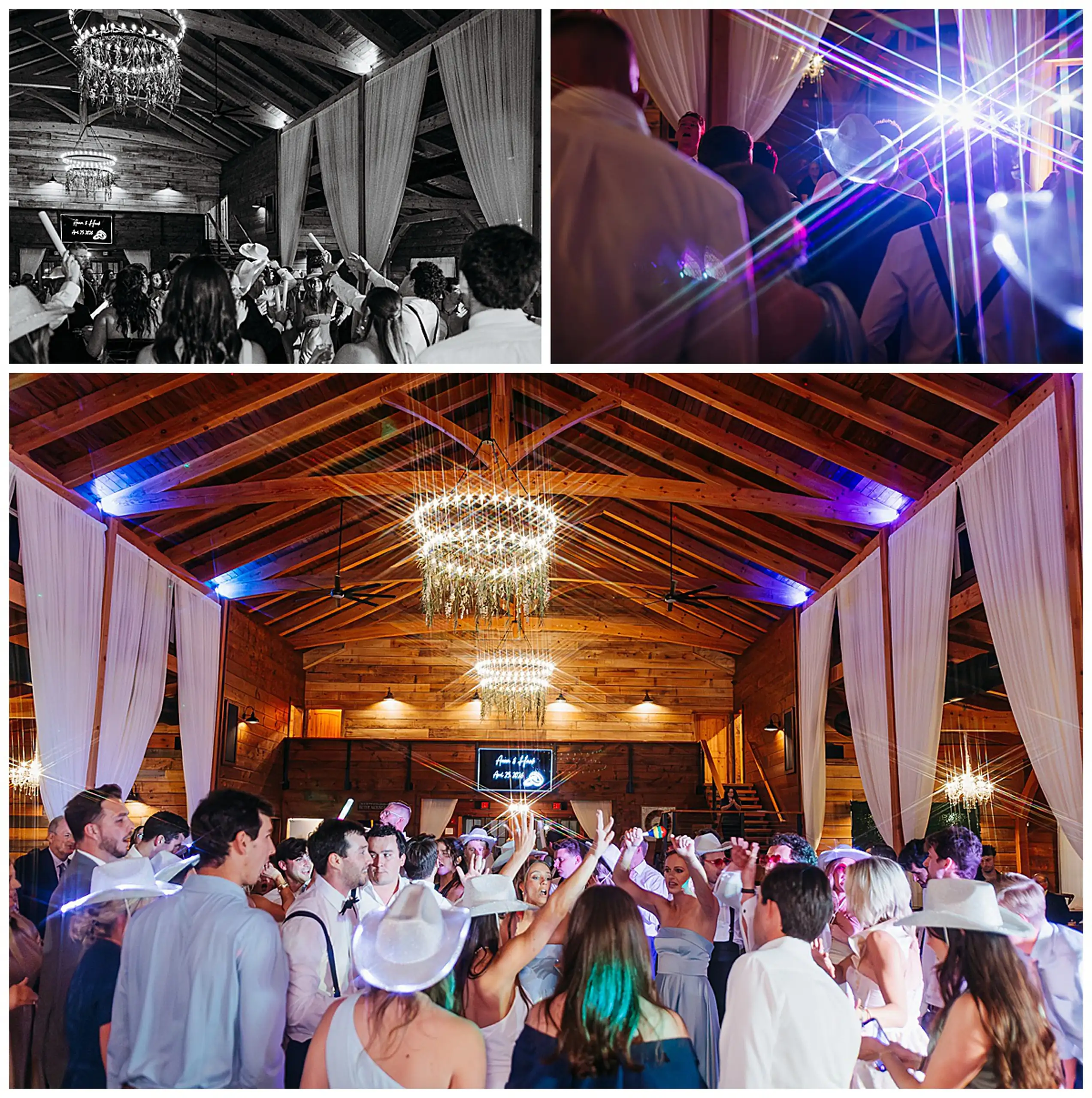 Wedding Reception: lighted cowboy hats under the chandelier, in a set, at their wedding at The Venue at Sharp Mountain in Jasper, GA