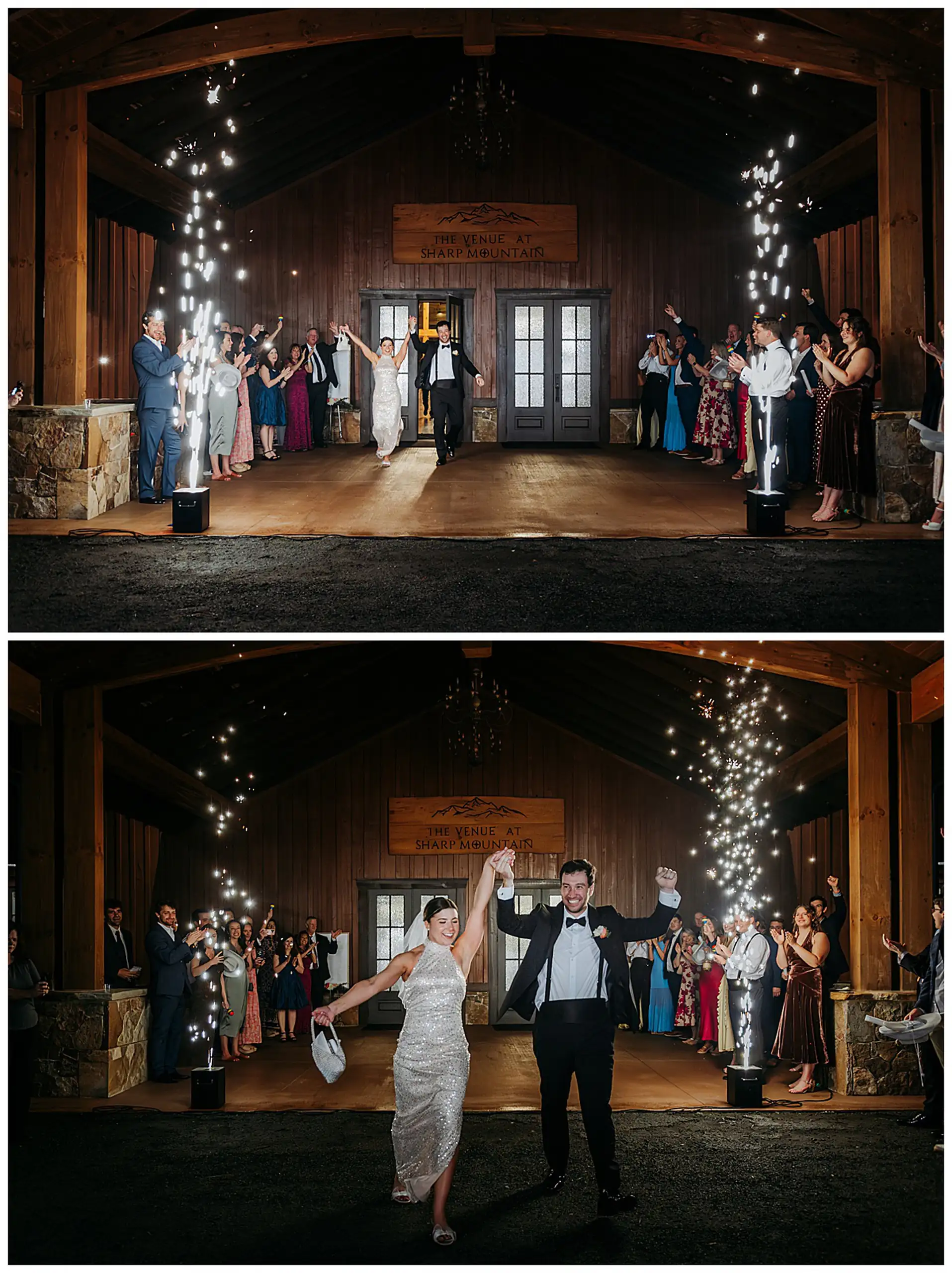 Send-Off: the exit through the cold sparks, her second dress on, in a set, at their wedding at The Venue at Sharp Mountain in Jasper, GA