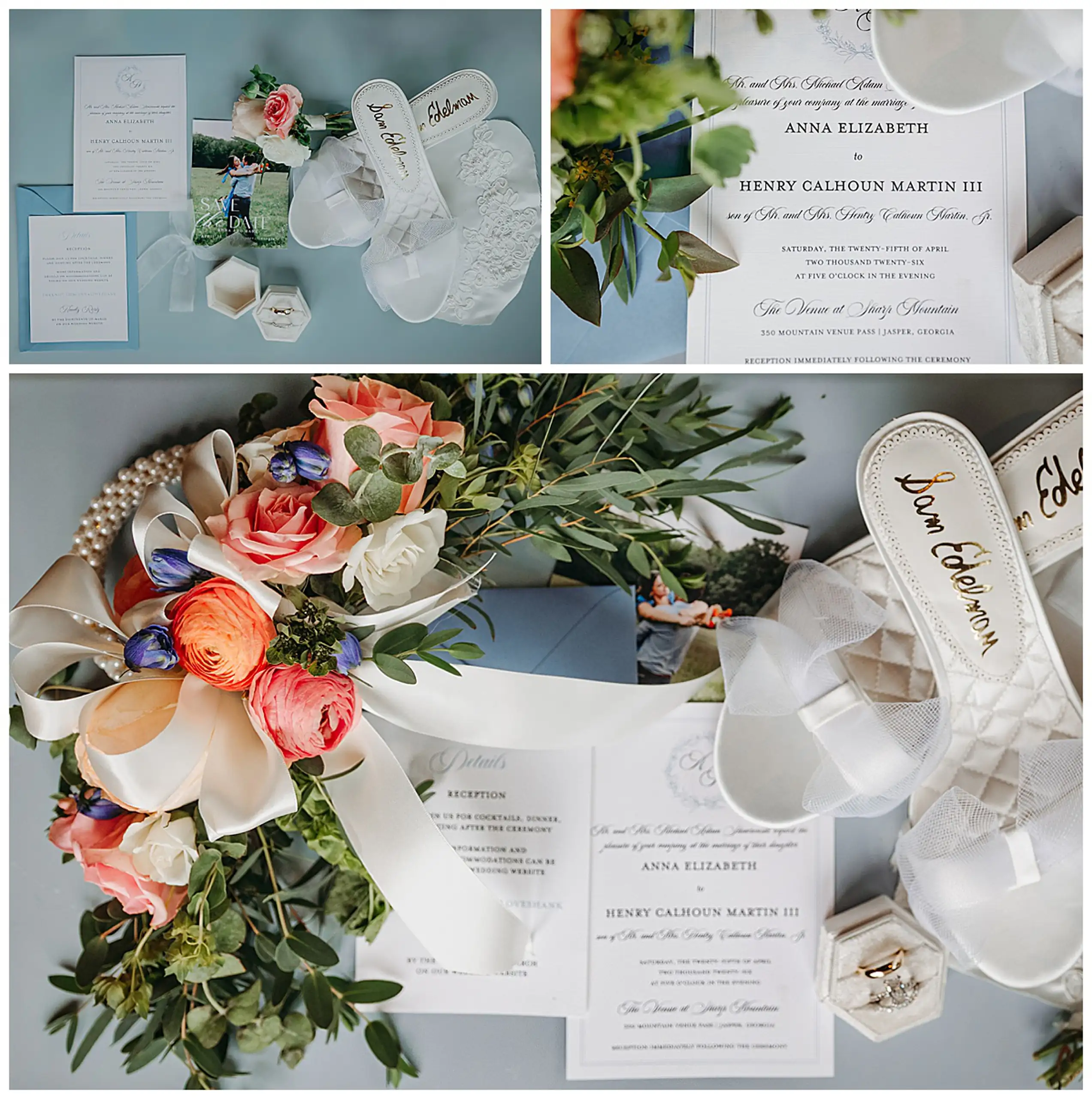Wedding Details: the pale blue invitation suite, the bouquet and her shoes, in a set, at a wedding at The Venue at Sharp Mountain in Jasper, GA