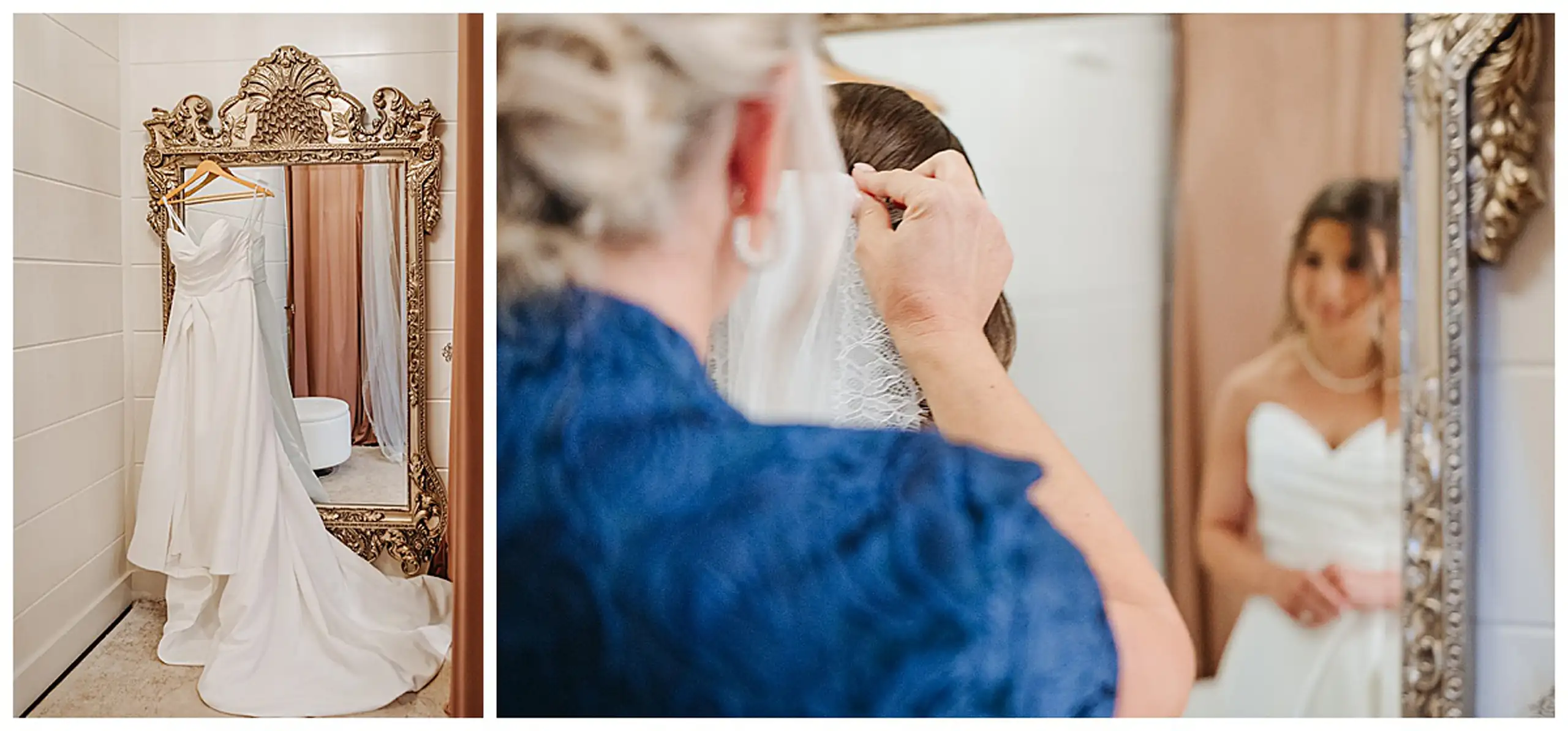 Getting Ready: the gown at the gilded mirror, her earring going in, in a set, before their wedding at The Venue at Sharp Mountain in Jasper, GA