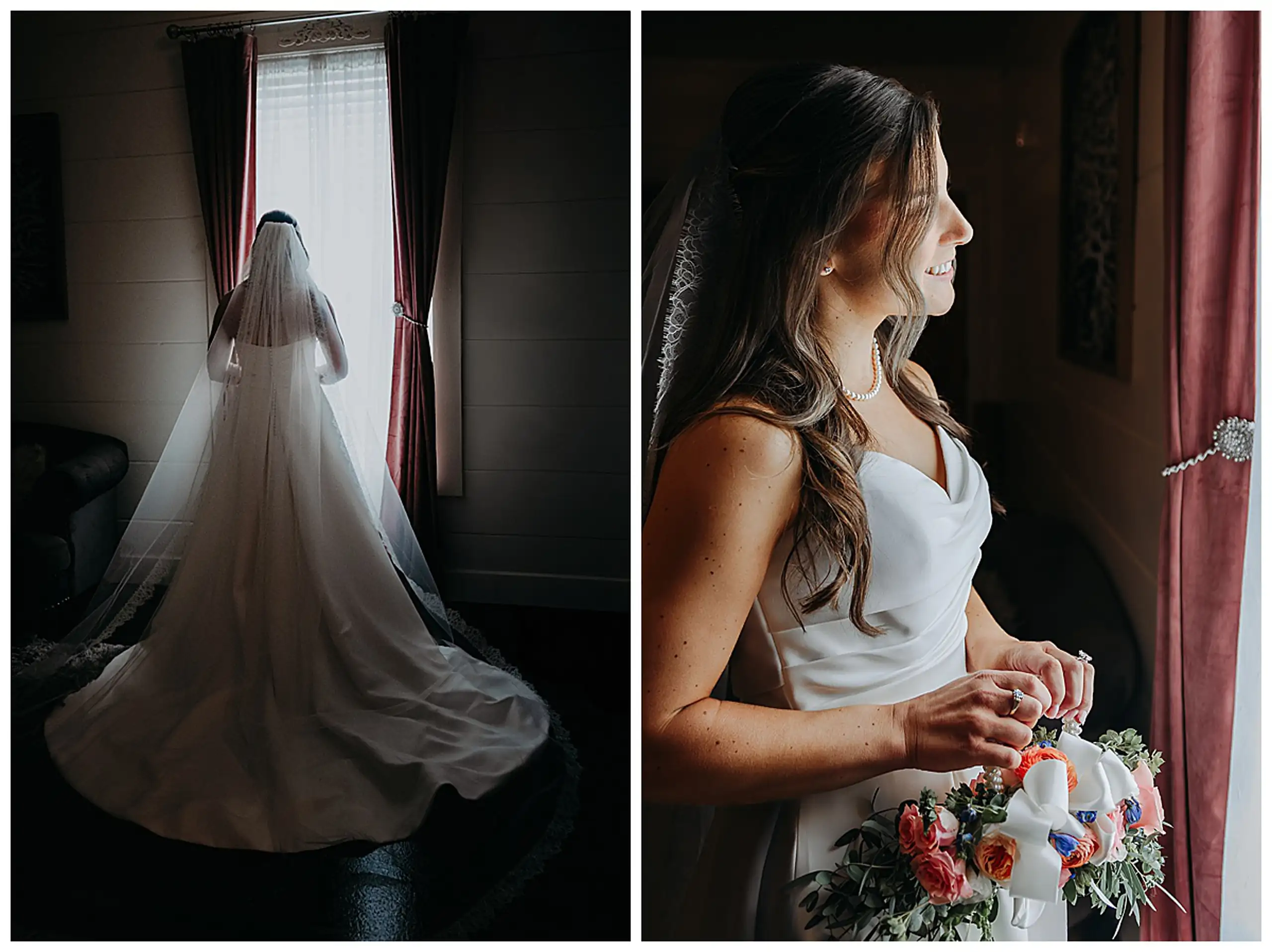 Getting Ready: the veil turning out, and the bride at the window, in a set, before their wedding at The Venue at Sharp Mountain in Jasper, GA