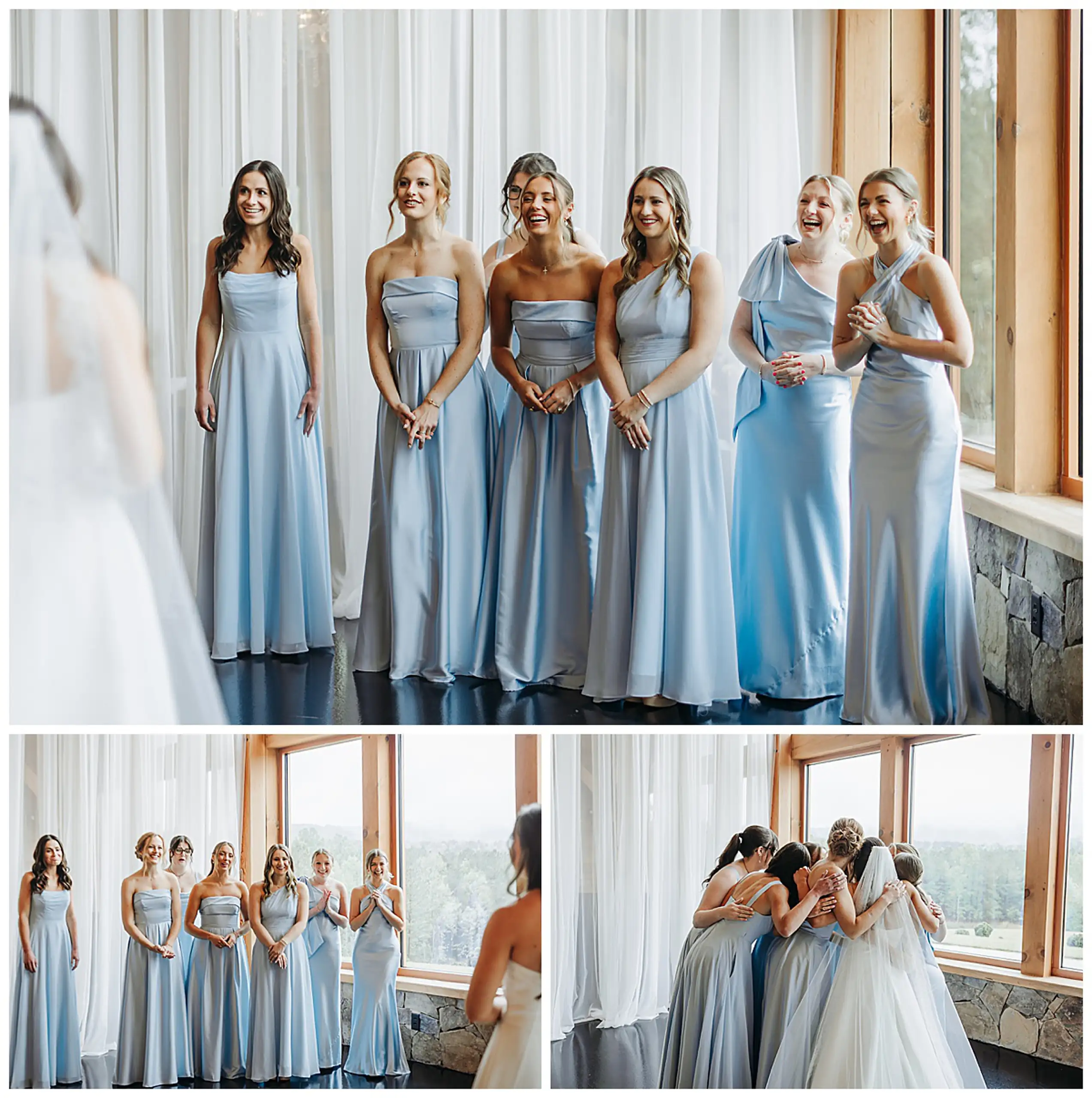 First Look: her bridesmaids in powder blue seeing her in her gown, in a set, before their wedding at The Venue at Sharp Mountain in Jasper, GA