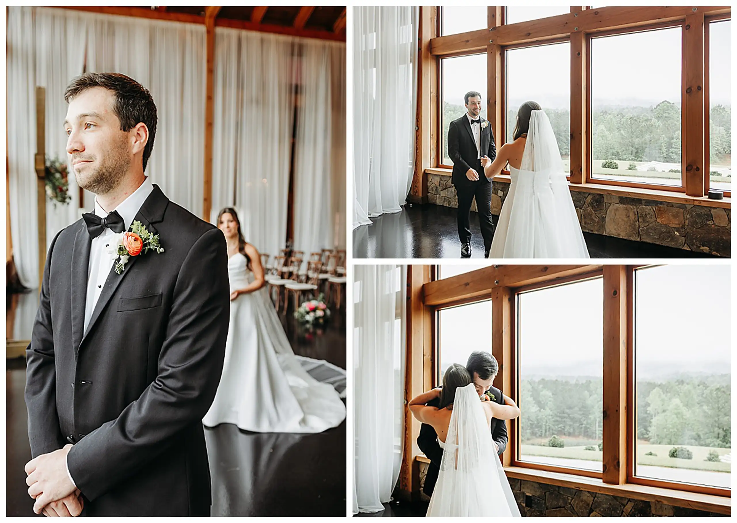 First Look: the groom waiting, then turning to see her, in a set, before their wedding at The Venue at Sharp Mountain in Jasper, GA