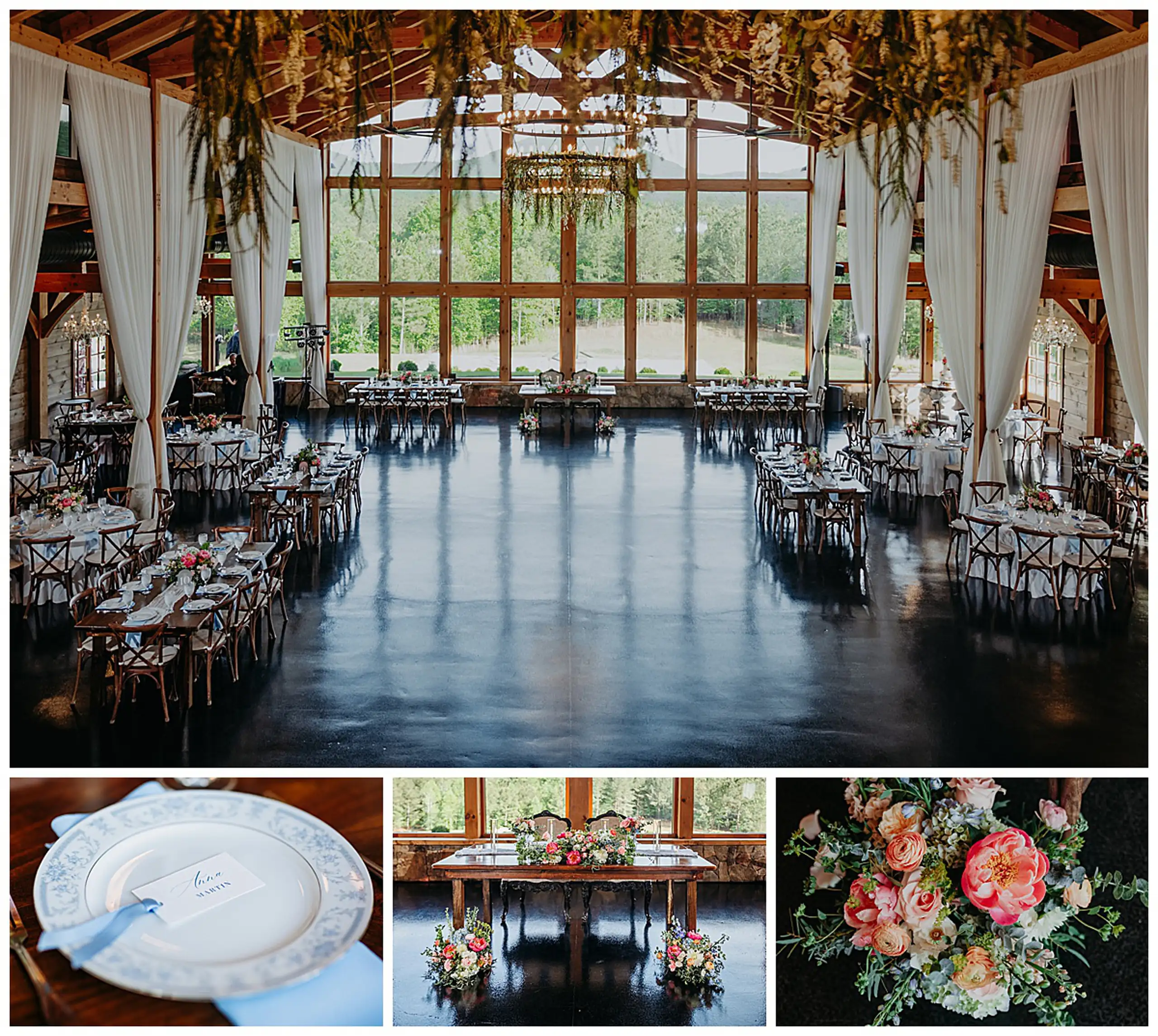 Reception Details: the hall from above, and the sweetheart table, in a set, at a wedding at The Venue at Sharp Mountain in Jasper, GA