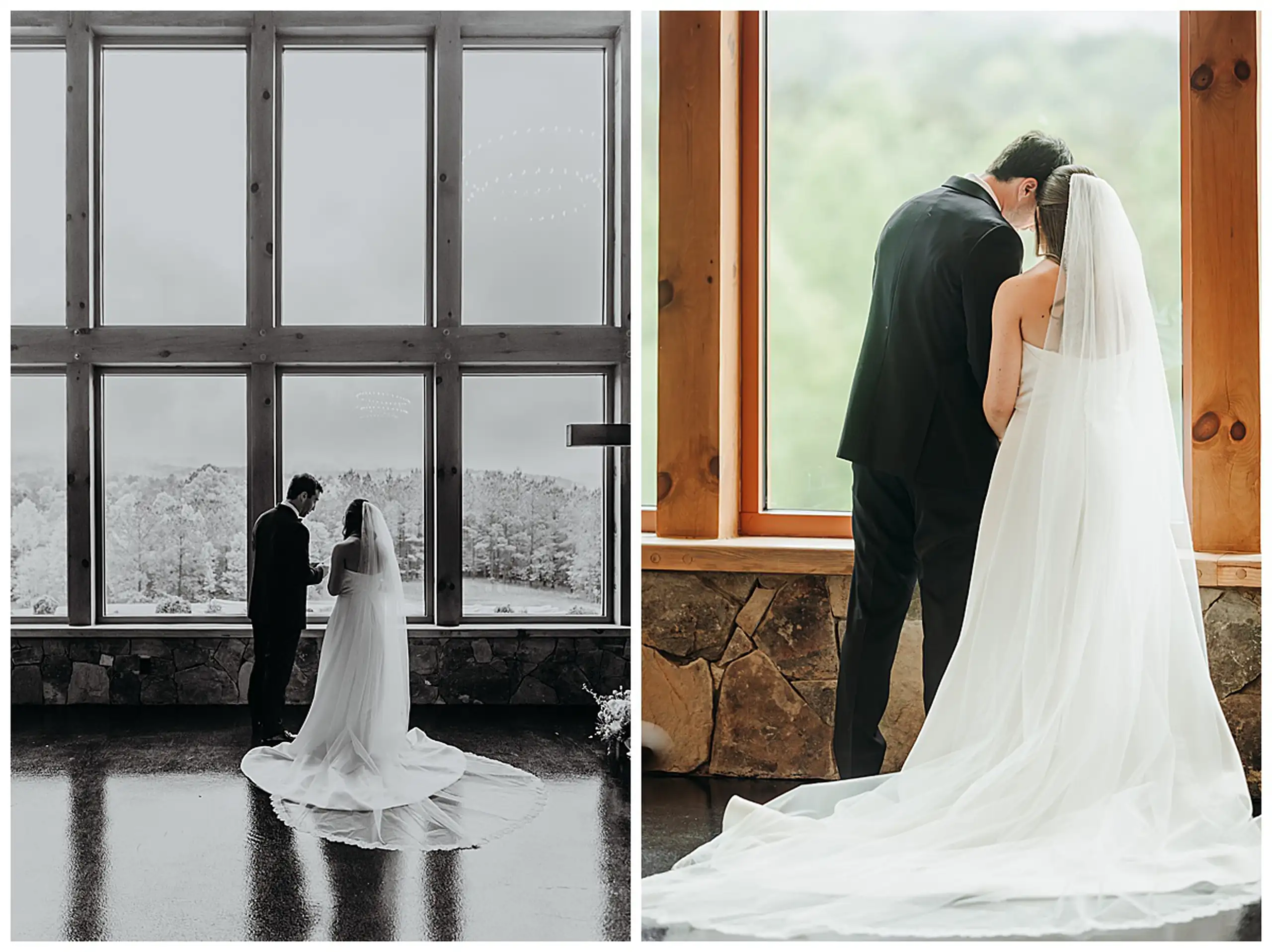 Wedding Formals: her cathedral veil and train against the glass wall, in a set, at their wedding at The Venue at Sharp Mountain in Jasper, GA