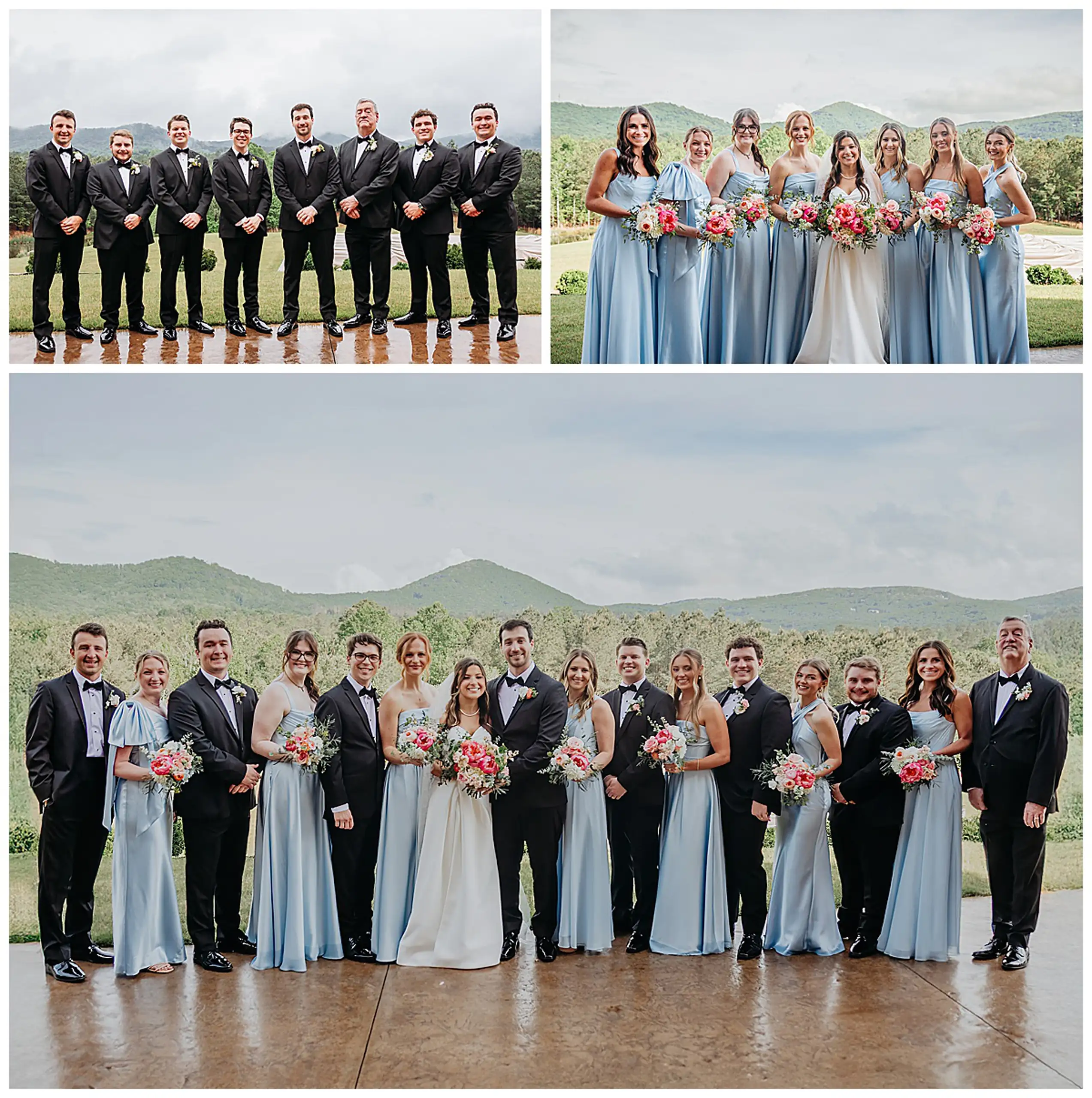 Wedding Party: the full wedding party with the mountains behind, in a set, at their wedding at The Venue at Sharp Mountain in Jasper, GA