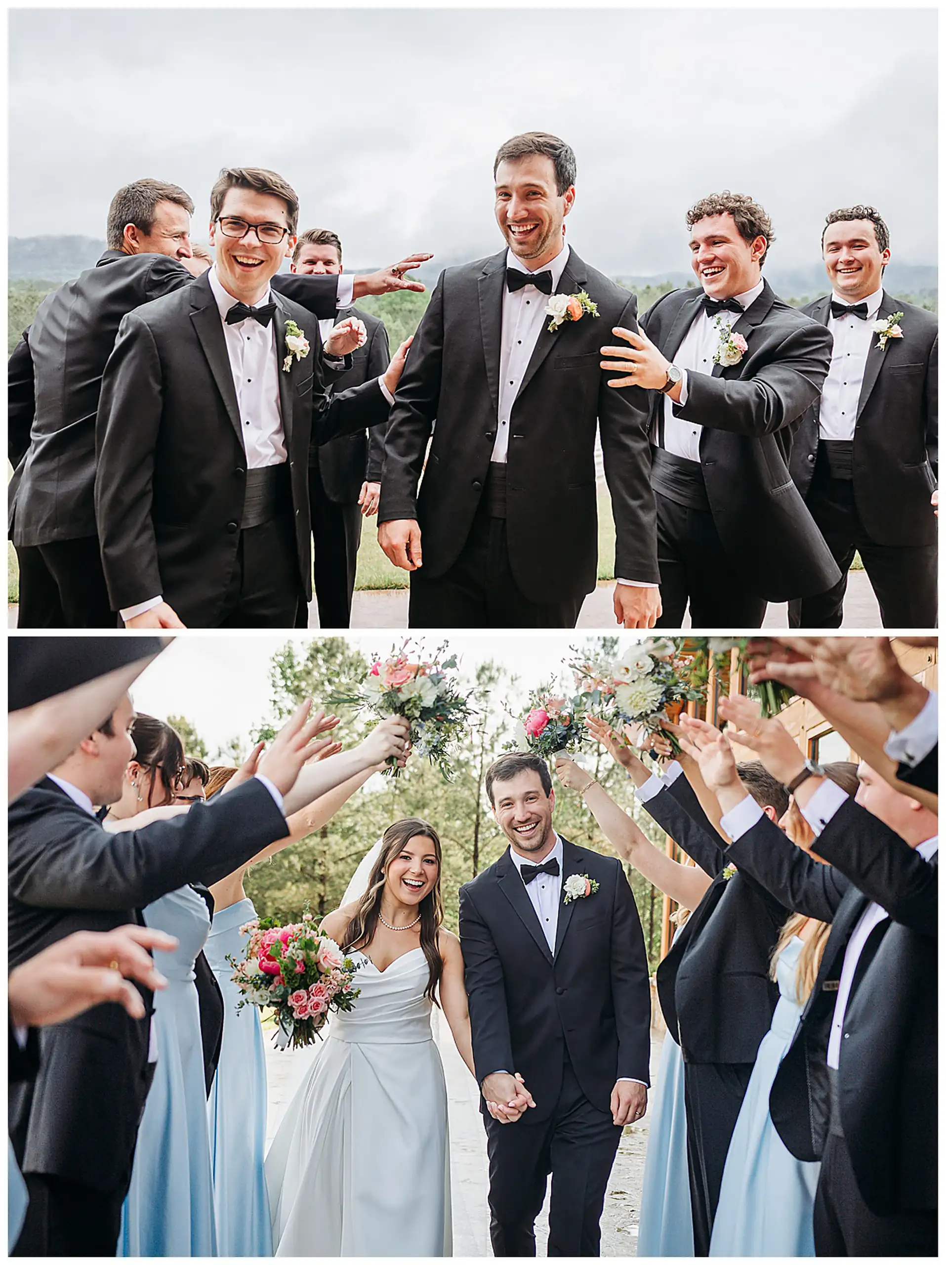 Wedding Party: the groomsmen, and the party lifting them up, in a set, at their wedding at The Venue at Sharp Mountain in Jasper, GA