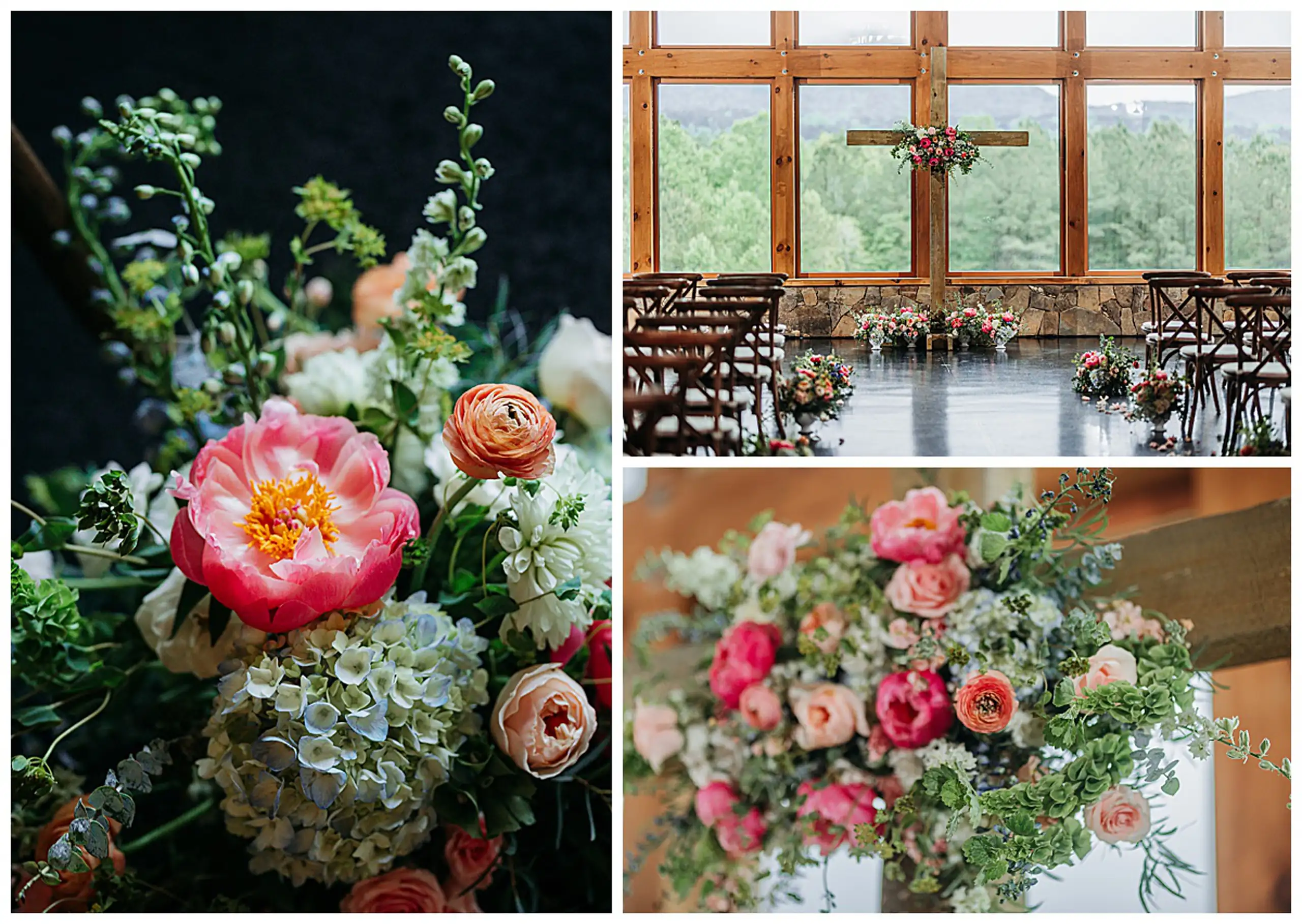Wedding Florals: coral peonies, and the flowers dressing the wooden cross, in a set, at a wedding at The Venue at Sharp Mountain in Jasper, GA