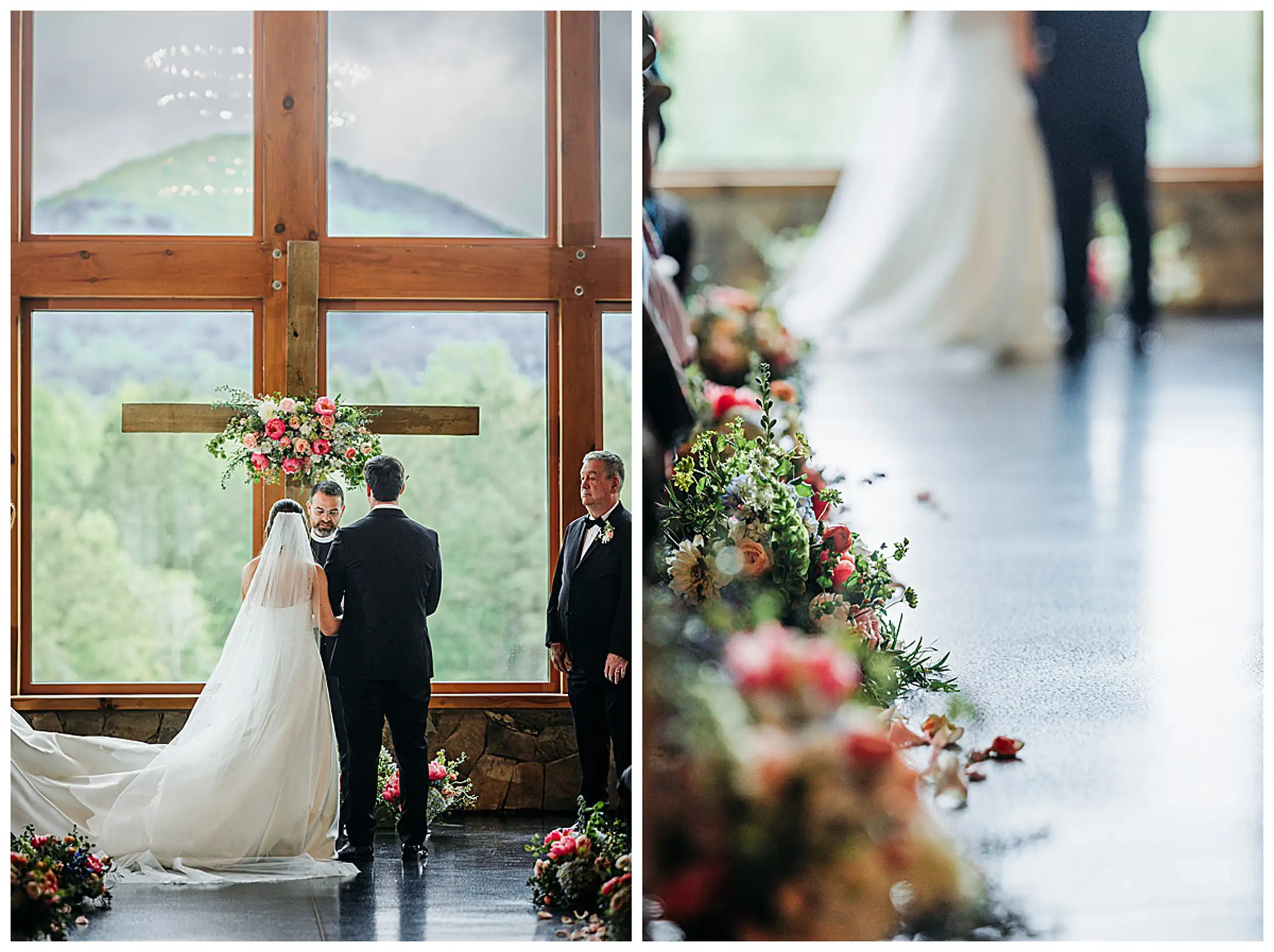 Wedding Ceremony: the vows at the cross, her veil along the floor, in a set, at their wedding at The Venue at Sharp Mountain in Jasper, GA